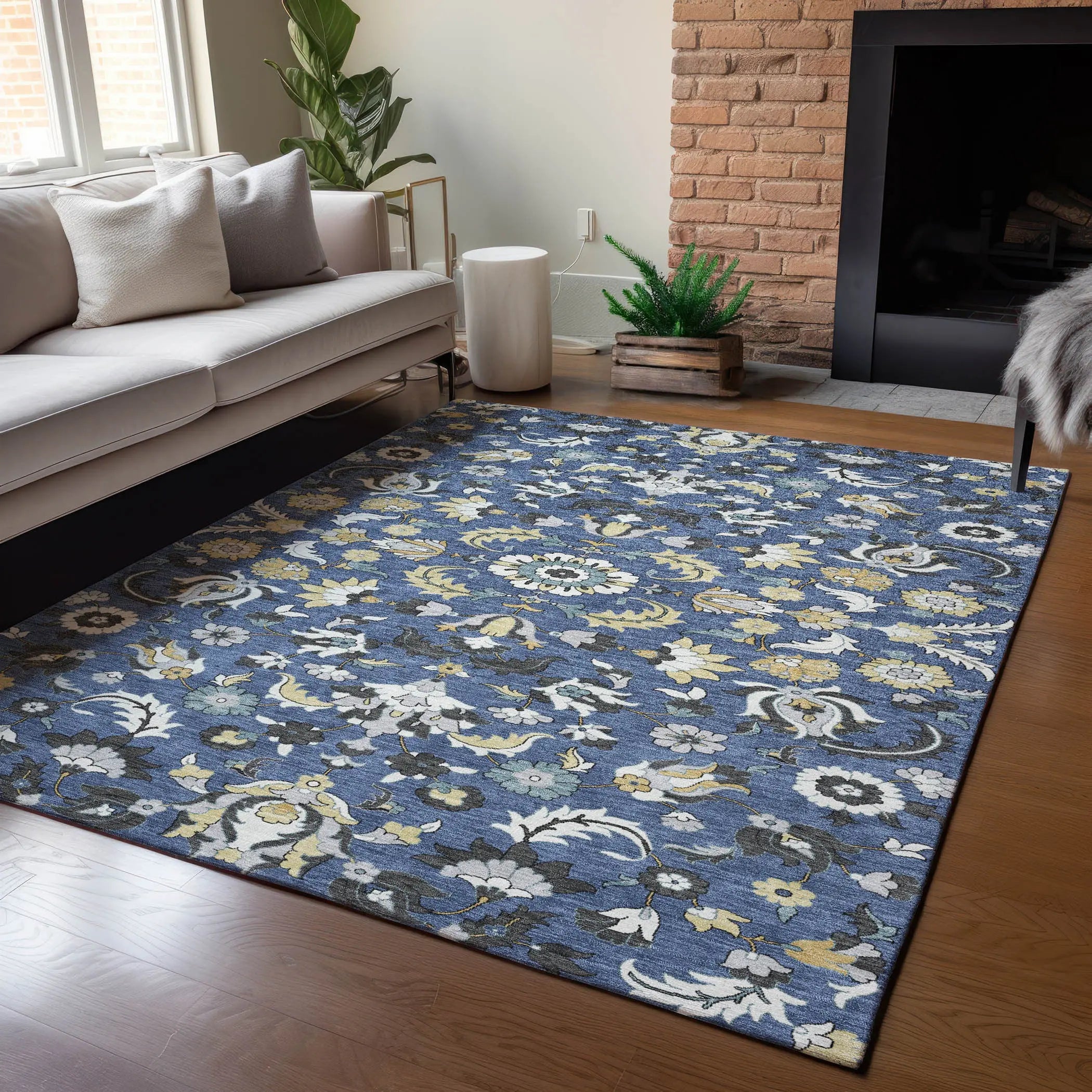 3' X 5' Navy Blue And Wheat Floral Medallion Washable Indoor Outdoor Area Rug Homeroots Outdoor
