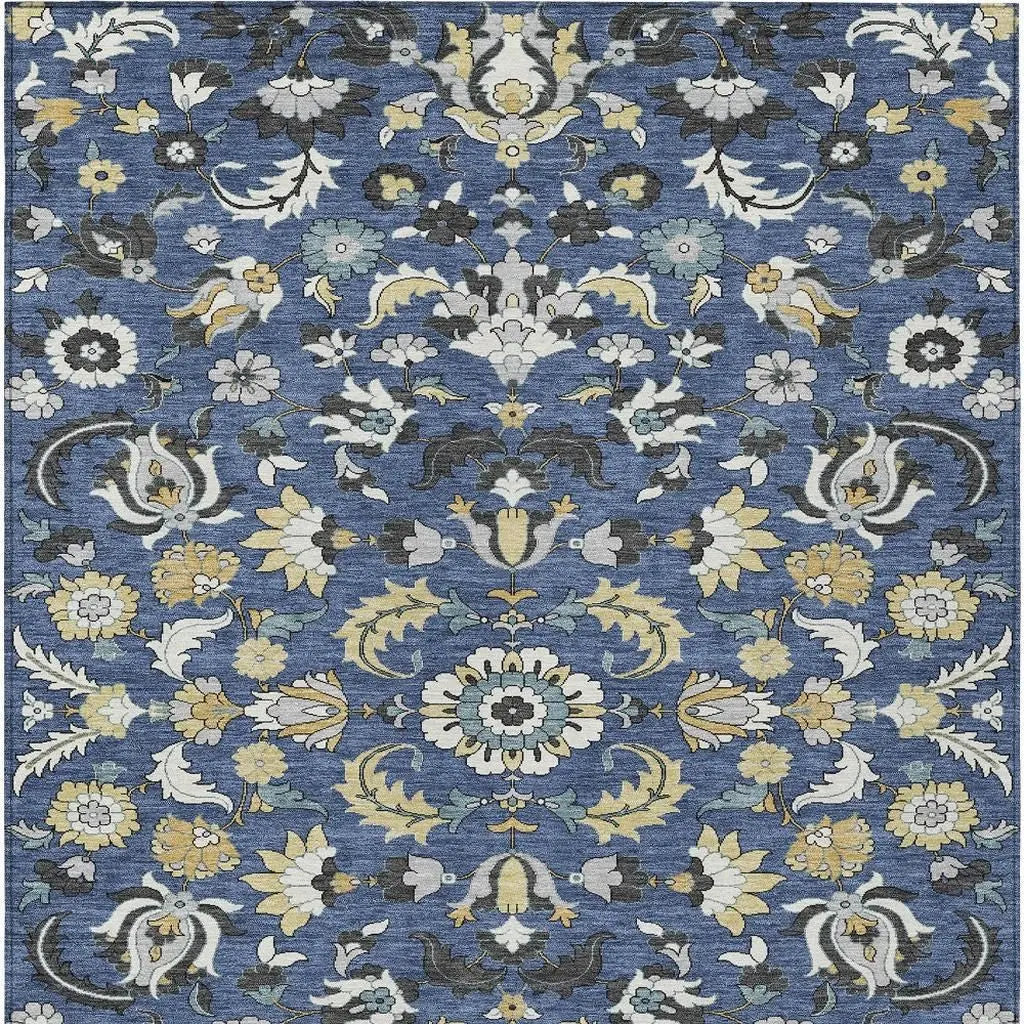 3' X 5' Navy Blue And Wheat Floral Medallion Washable Indoor Outdoor Area Rug Homeroots Outdoor
