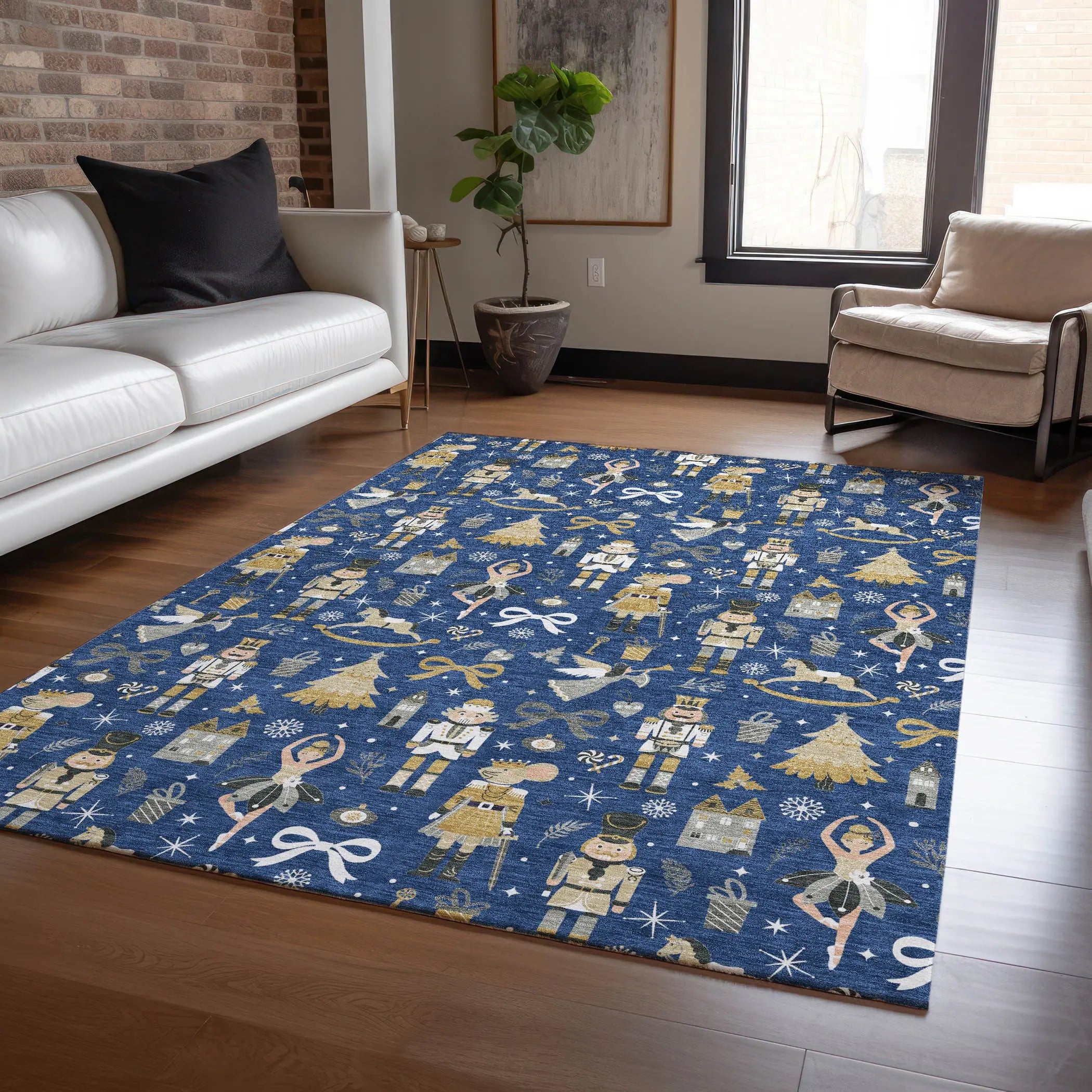 3' X 5' Navy Blue Gold Black And Gray Village House Washable Indoor Outdoor Area Rug Homeroots Outdoor