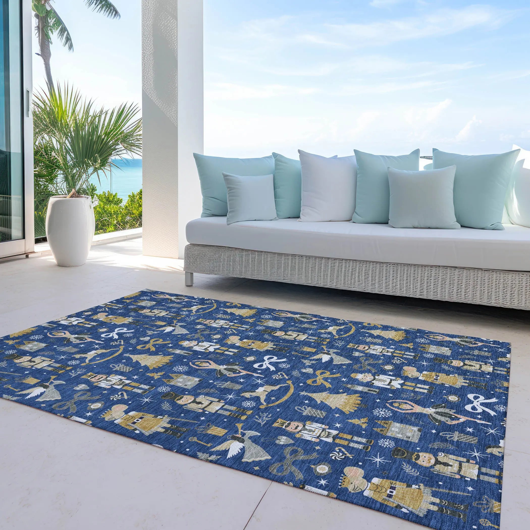 3' X 5' Navy Blue Gold Black And Gray Village House Washable Indoor Outdoor Area Rug Homeroots Outdoor