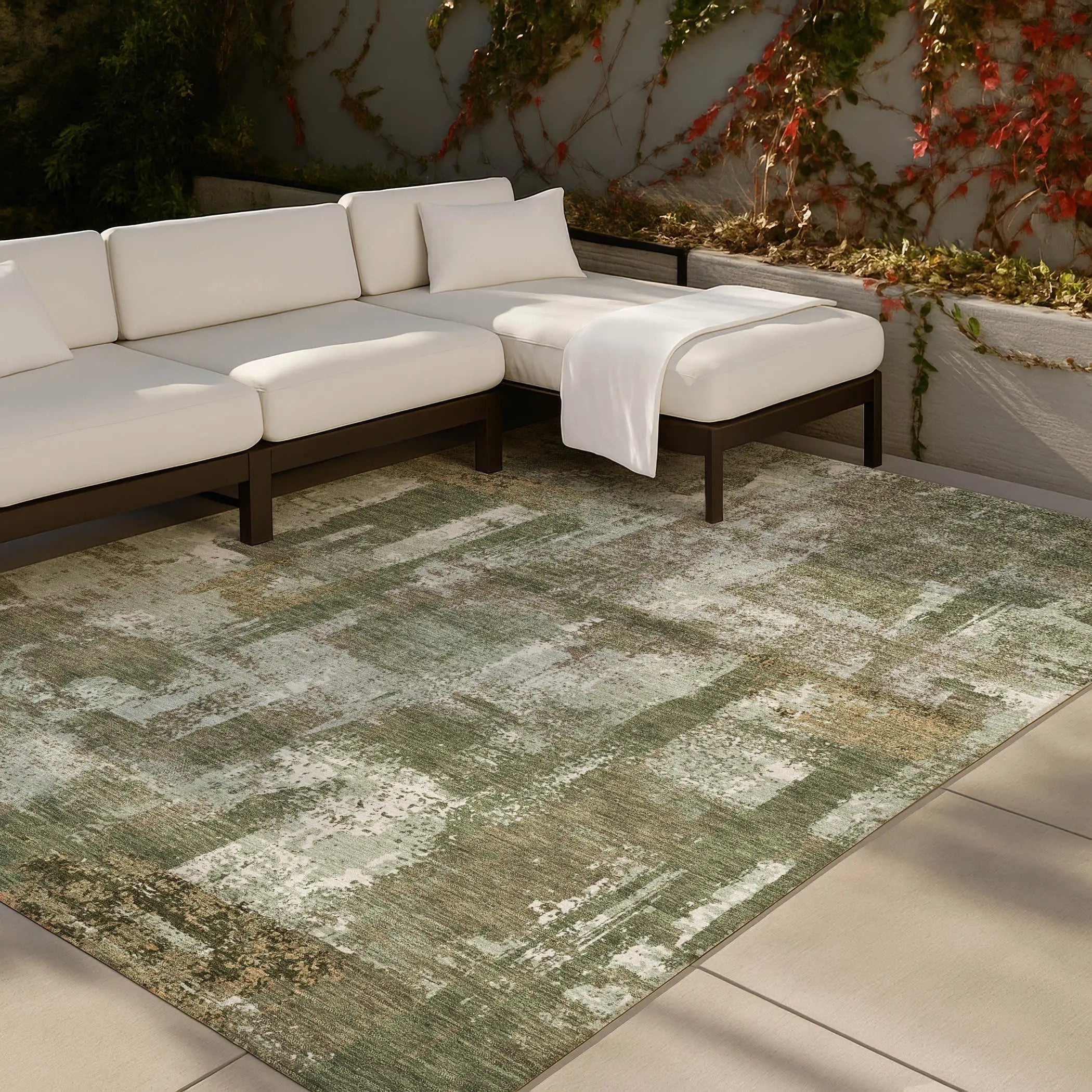 3' X 5' Olive Green And Beige Abstract Washable Indoor Outdoor Area Rug Homeroots Outdoor