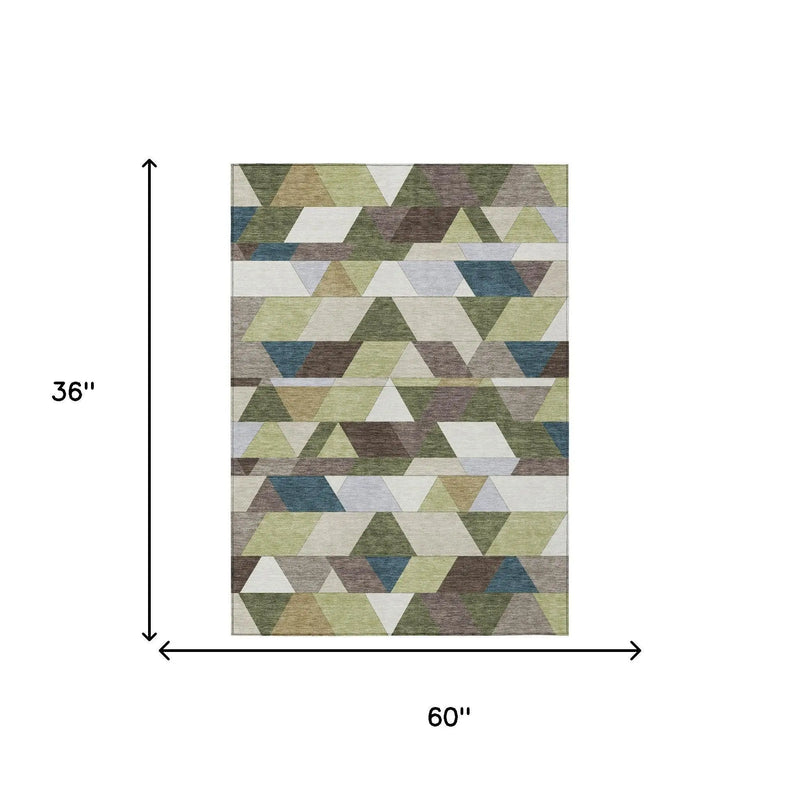 3' X 5' Olive Green And Beige Geometric Washable Indoor Outdoor Area Rug Homeroots Outdoor