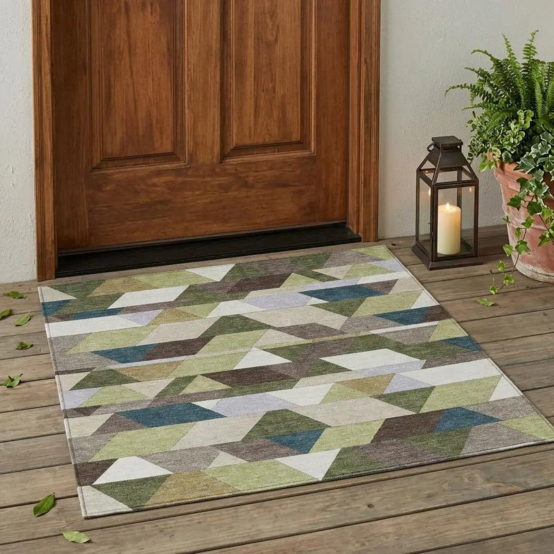 3' X 5' Olive Green And Beige Geometric Washable Indoor Outdoor Area Rug Homeroots Outdoor