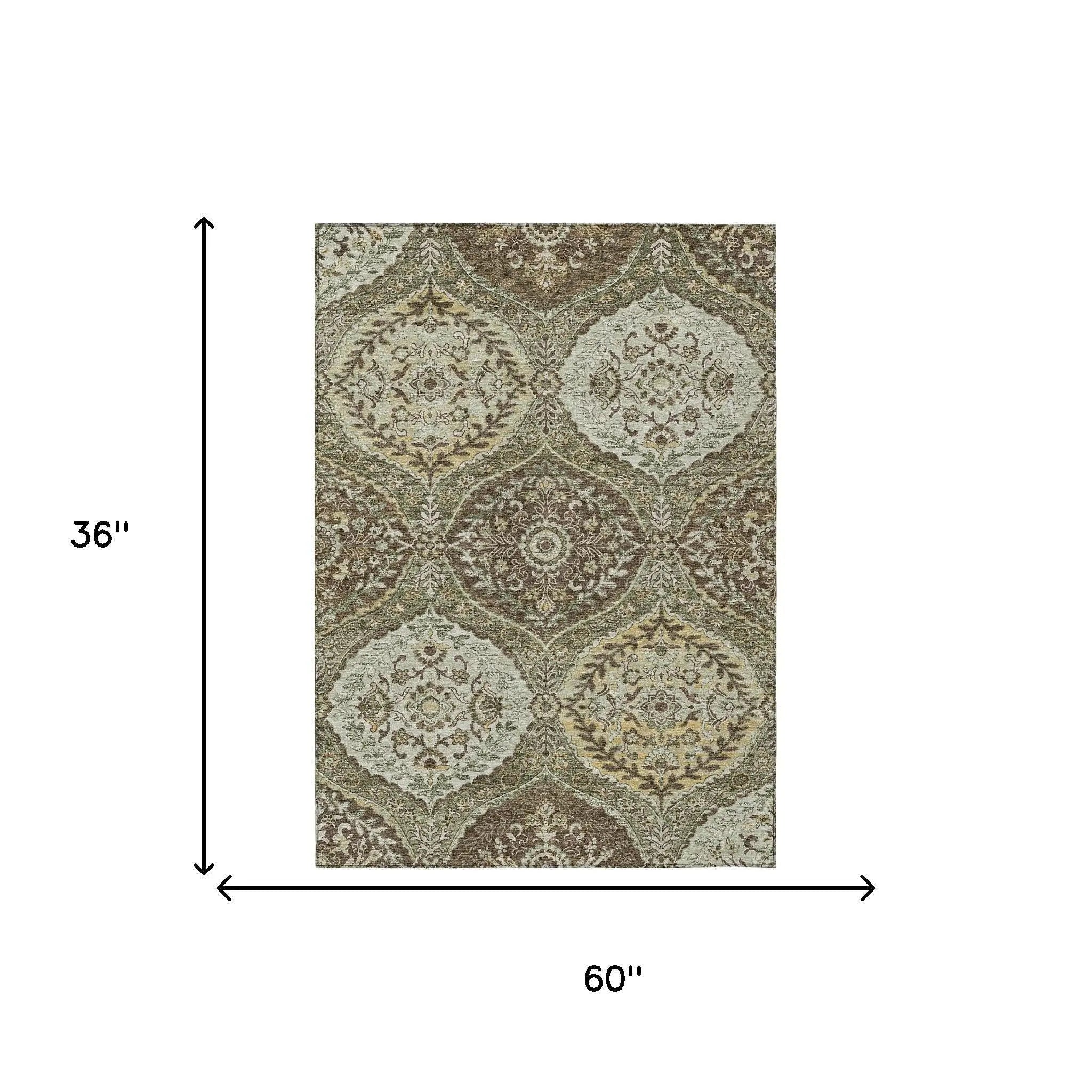3' X 5' Olive Green And Blue Ogee Washable Indoor Outdoor Area Rug Homeroots Outdoor
