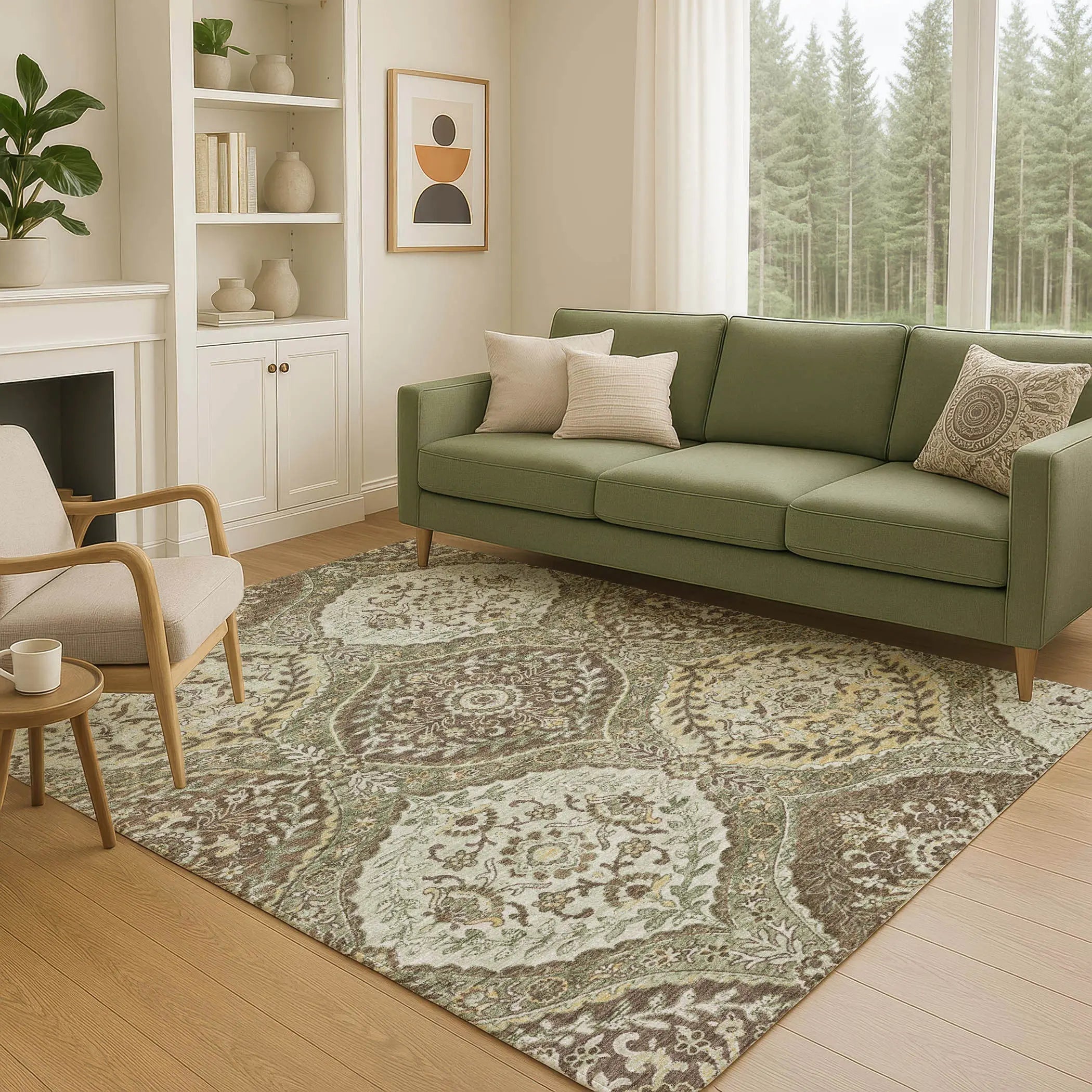 3' X 5' Olive Green And Blue Ogee Washable Indoor Outdoor Area Rug Homeroots Outdoor