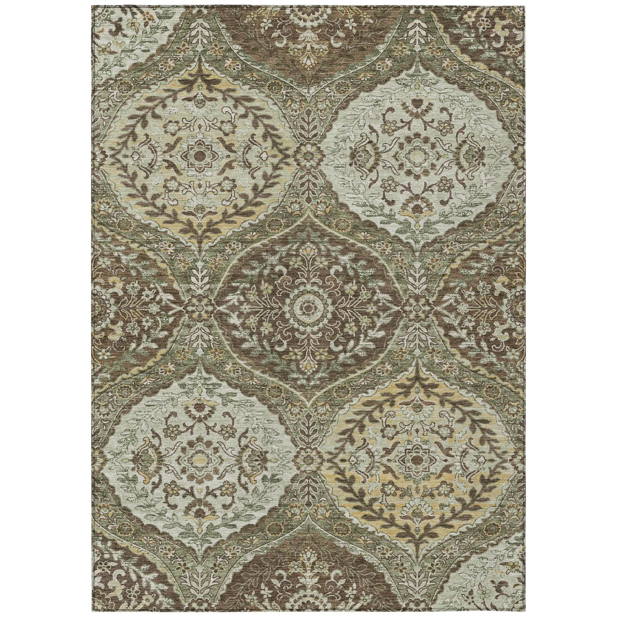 3' X 5' Olive Green And Blue Ogee Washable Indoor Outdoor Area Rug Homeroots Outdoor