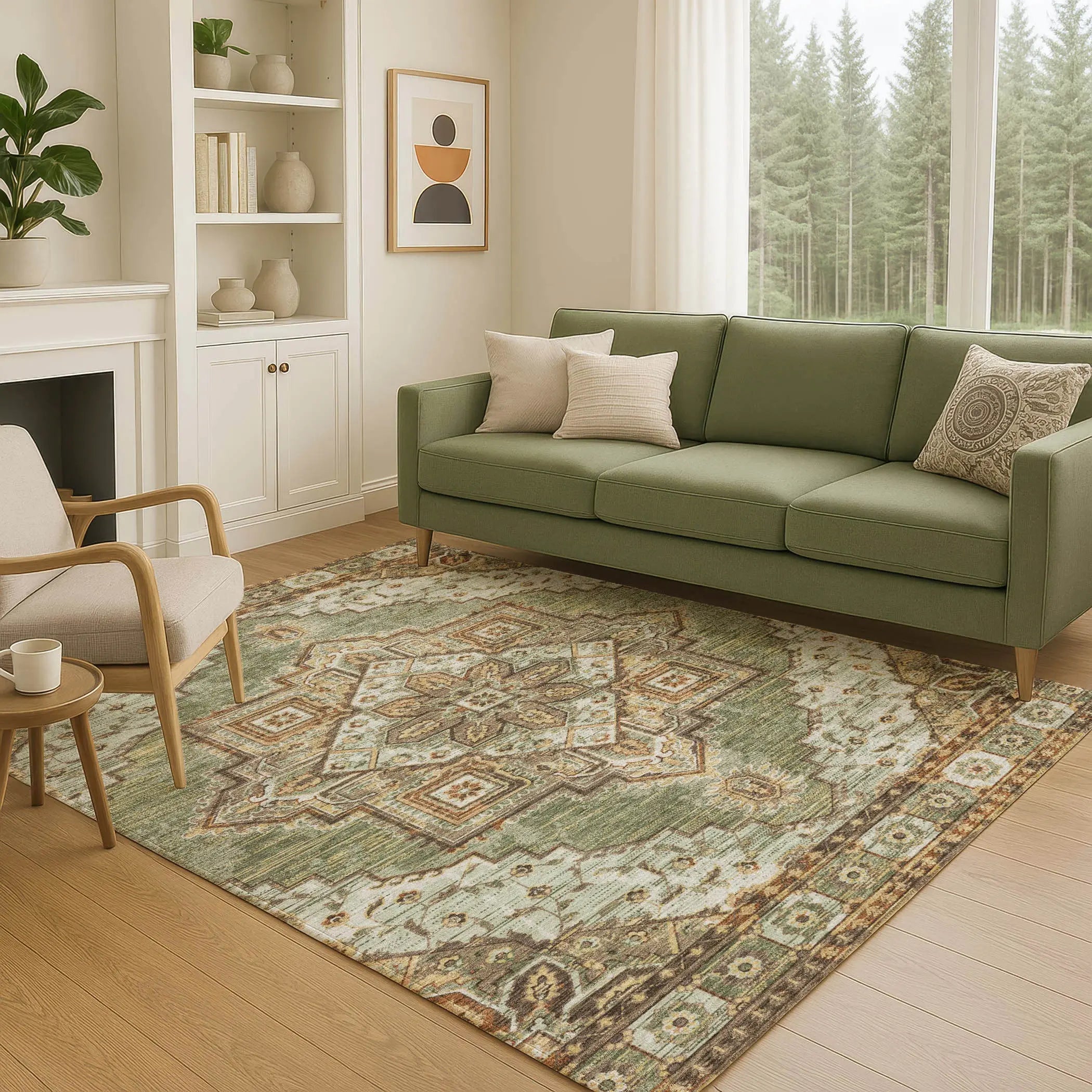 3' X 5' Olive Green And Blue Oriental Washable Indoor Outdoor Area Rug Homeroots Outdoor