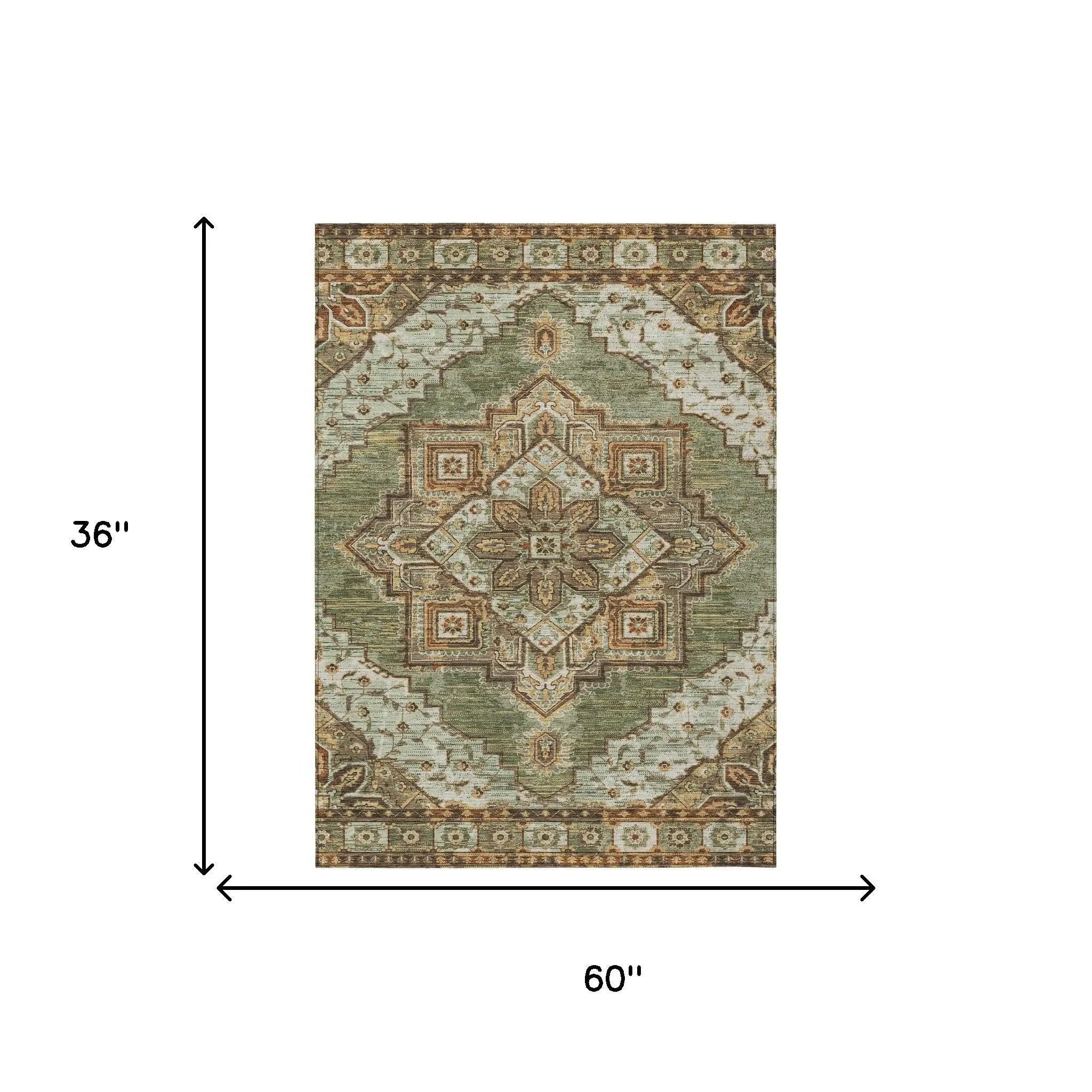 3' X 5' Olive Green And Blue Oriental Washable Indoor Outdoor Area Rug Homeroots Outdoor