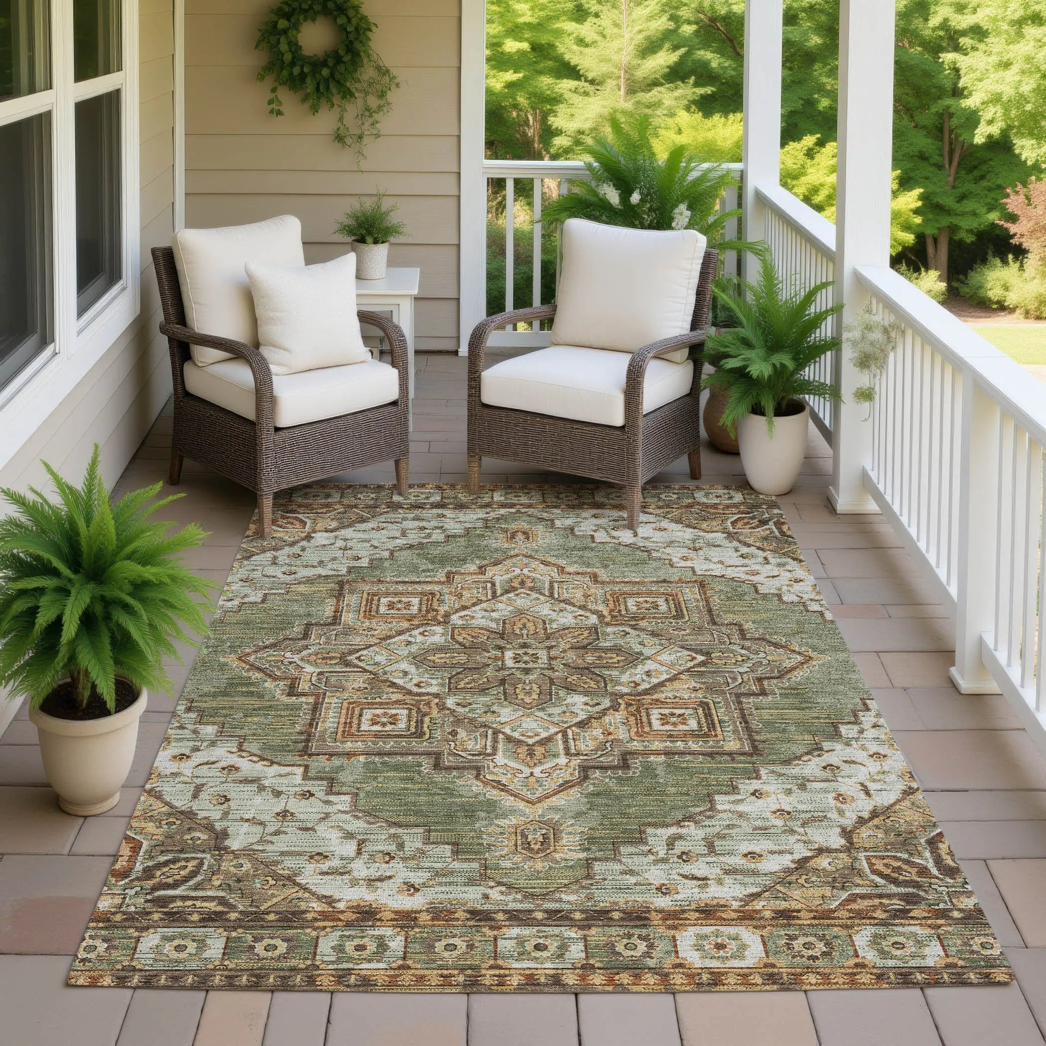 3' X 5' Olive Green And Blue Oriental Washable Indoor Outdoor Area Rug Homeroots Outdoor
