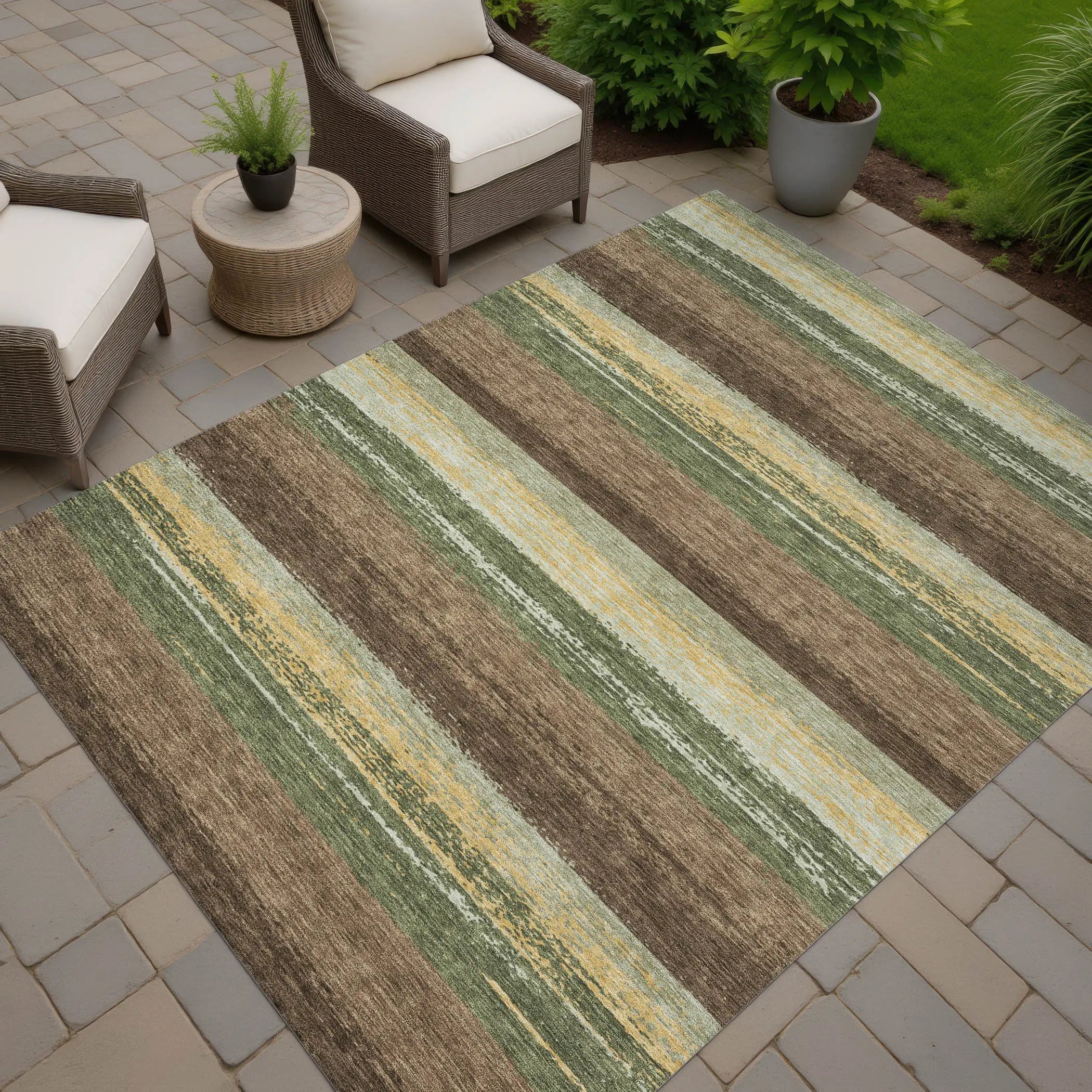 3' X 5' Olive Green And Blue Striped Washable Indoor Outdoor Area Rug Homeroots Outdoor