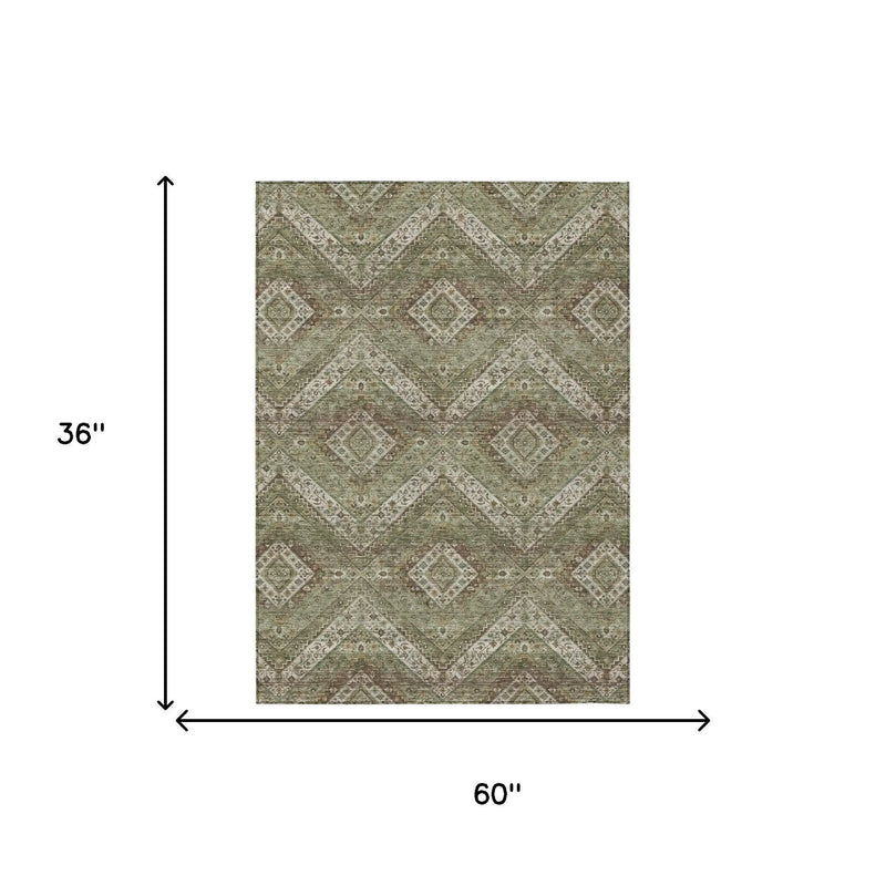3' X 5' Olive Green And Blue Tribal Washable Indoor Outdoor Area Rug Homeroots Outdoor