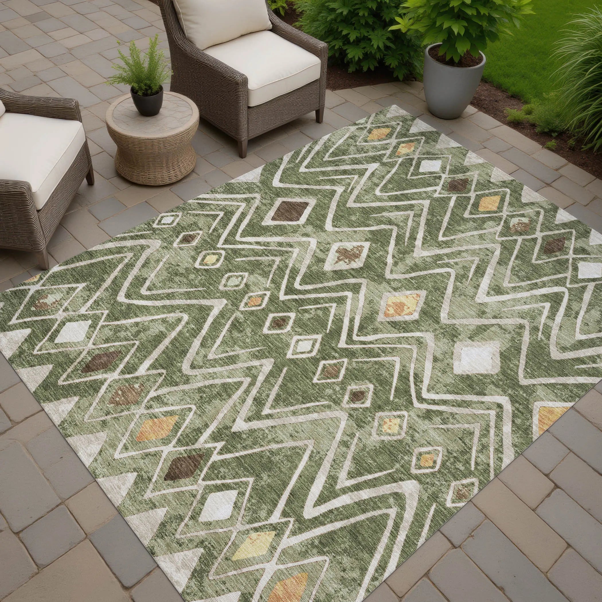 3' X 5' Olive Green And Brown Geometric Washable Indoor Outdoor Area Rug Homeroots Outdoor