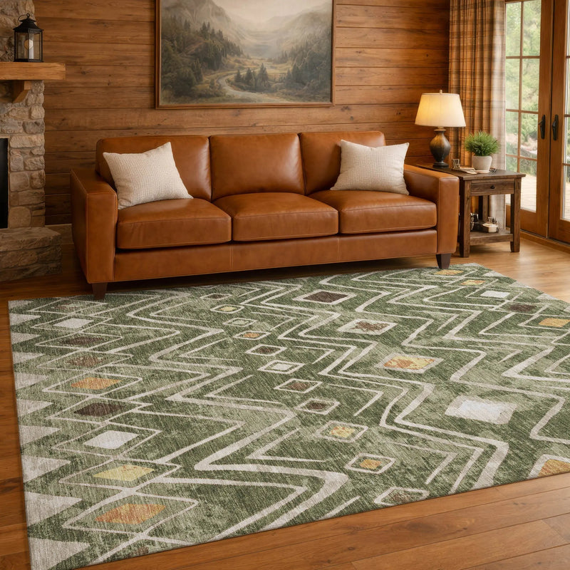3' X 5' Olive Green And Brown Geometric Washable Indoor Outdoor Area Rug Homeroots Outdoor