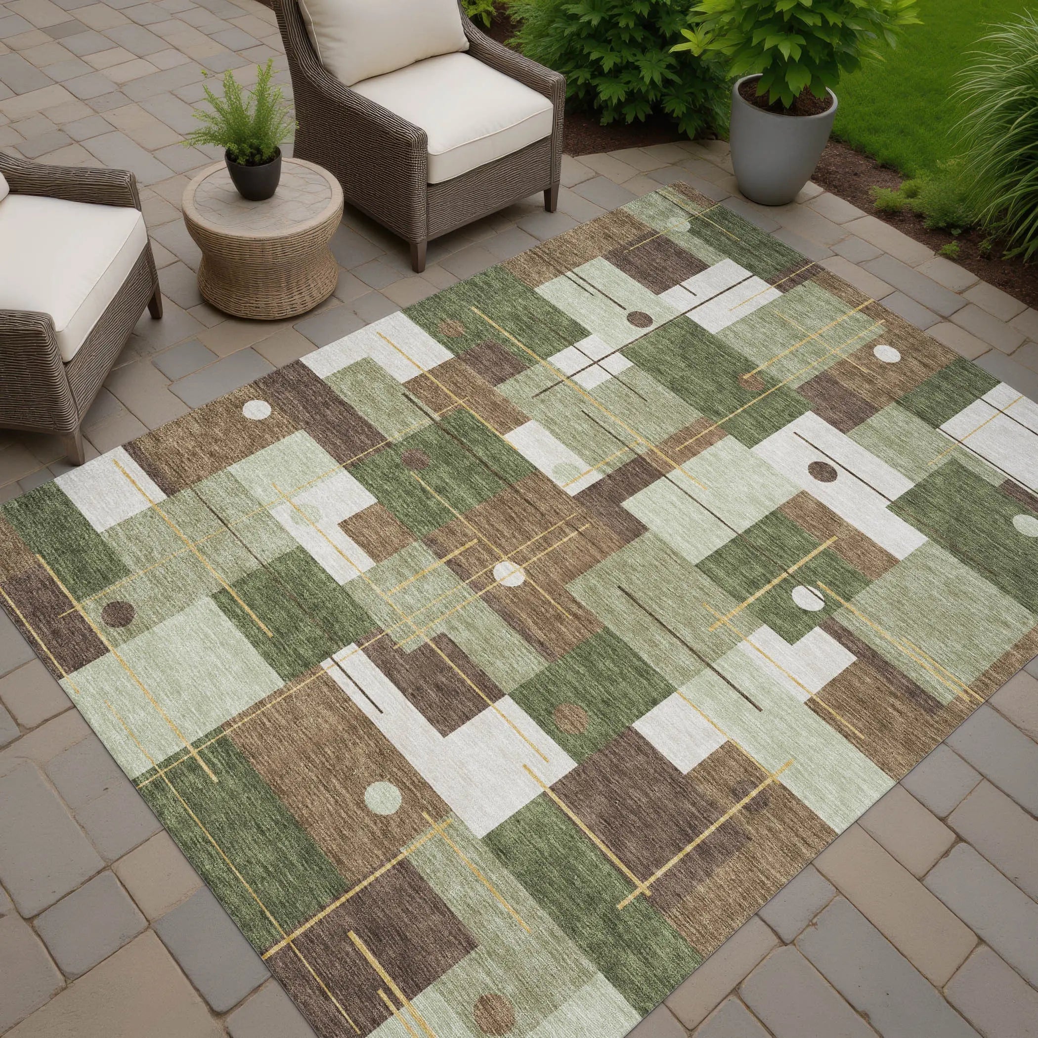 3' X 5' Olive Green And Brown Geometric Washable Indoor Outdoor Area Rug Homeroots Outdoor