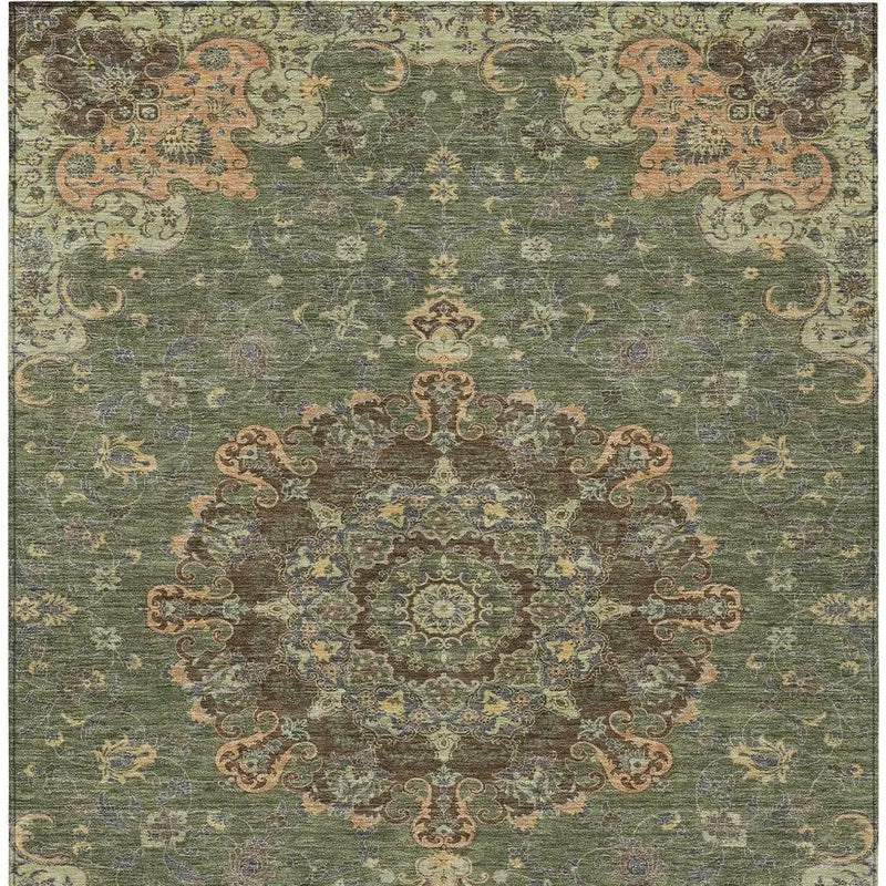 3' X 5' Olive Green And Chocolate Floral Medallion Washable Indoor Outdoor Area Rug Homeroots Outdoor