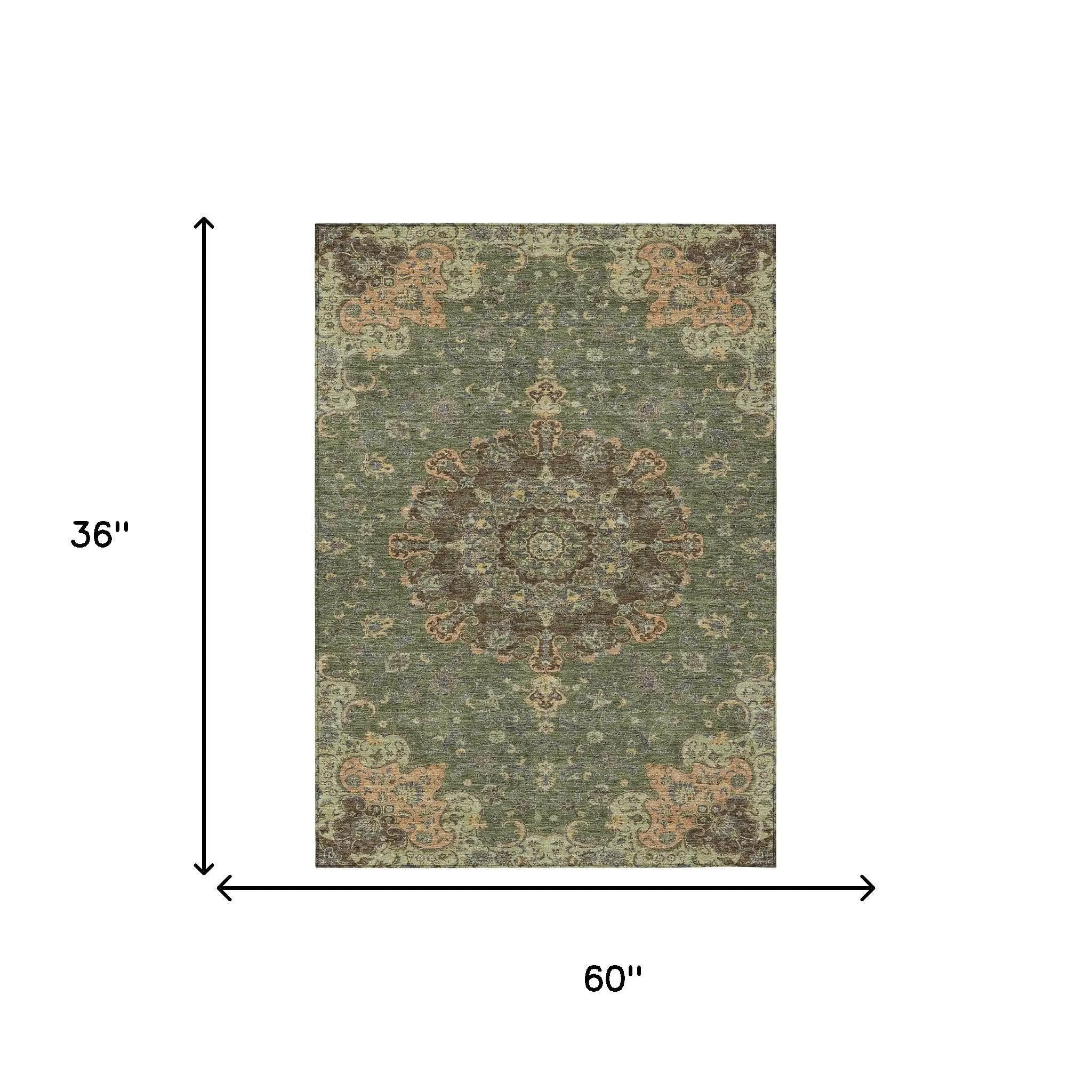 3' X 5' Olive Green And Chocolate Floral Medallion Washable Indoor Outdoor Area Rug Homeroots Outdoor