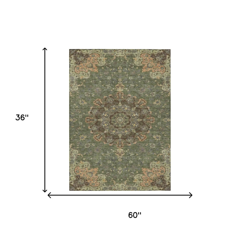 3' X 5' Olive Green And Chocolate Floral Medallion Washable Indoor Outdoor Area Rug Homeroots Outdoor