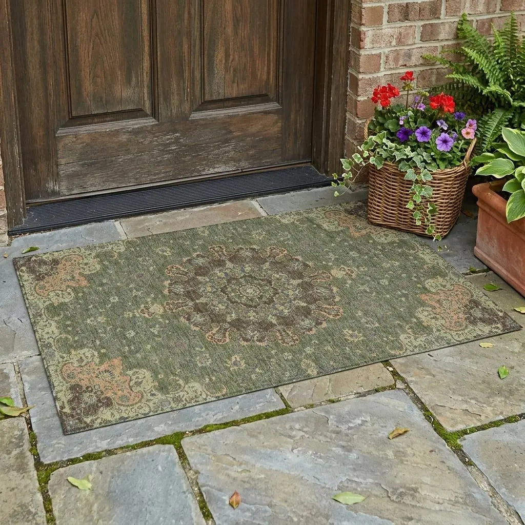 3' X 5' Olive Green And Chocolate Floral Medallion Washable Indoor Outdoor Area Rug Homeroots Outdoor