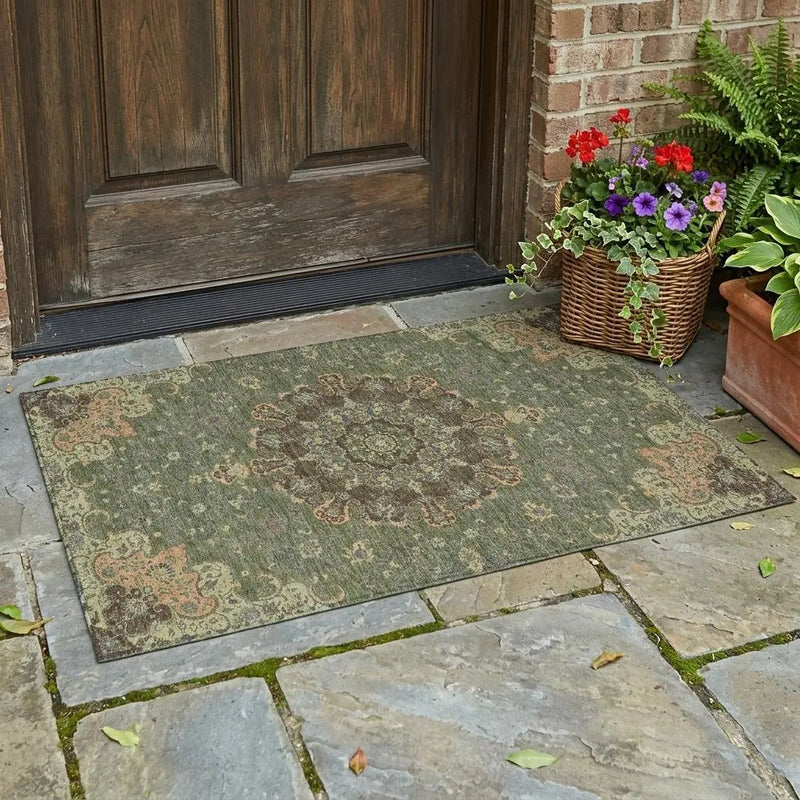 3' X 5' Olive Green And Chocolate Floral Medallion Washable Indoor Outdoor Area Rug Homeroots Outdoor