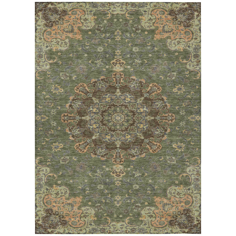 3' X 5' Olive Green And Chocolate Floral Medallion Washable Indoor Outdoor Area Rug Homeroots Outdoor