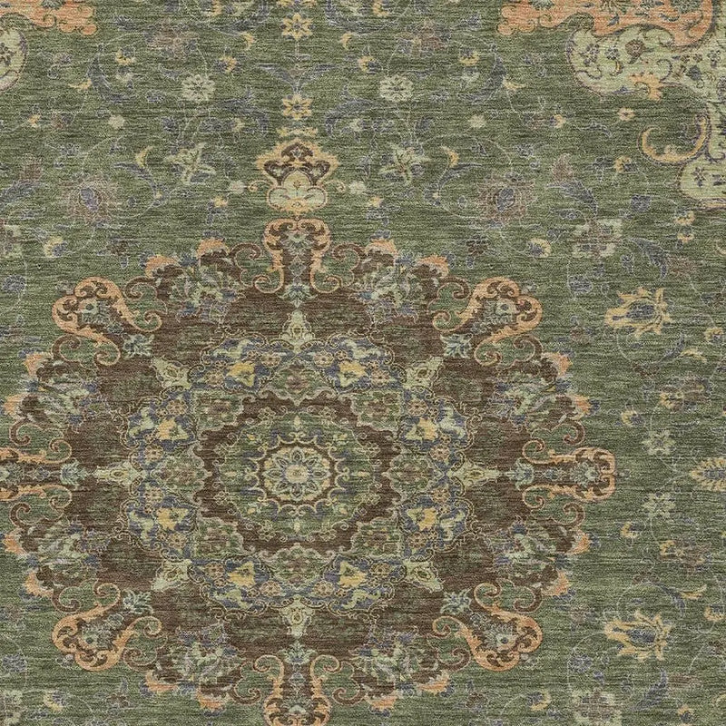 3' X 5' Olive Green And Chocolate Floral Medallion Washable Indoor Outdoor Area Rug Homeroots Outdoor