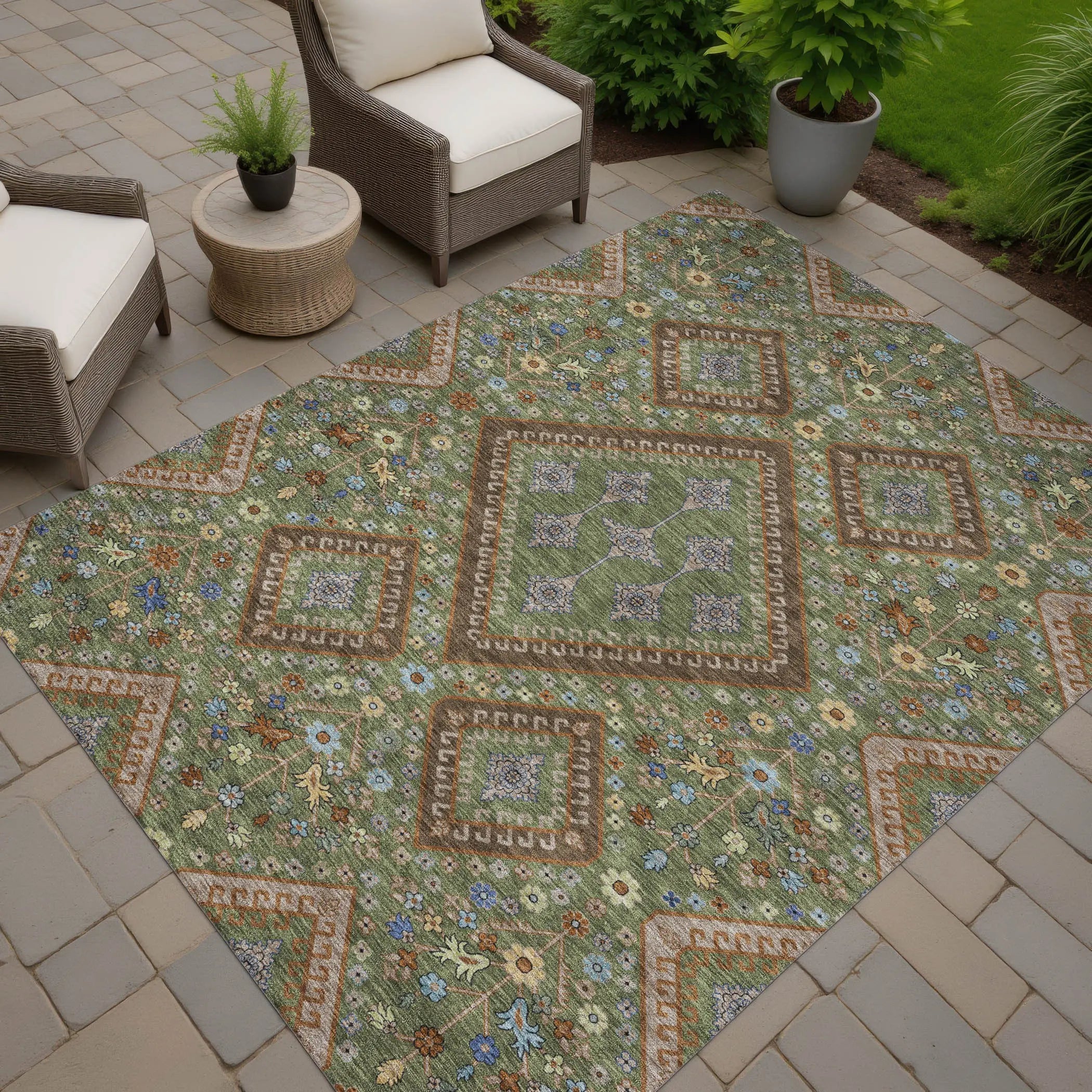 3' X 5' Olive Green And Chocolate Medallion Washable Indoor Outdoor Area Rug Homeroots Outdoor