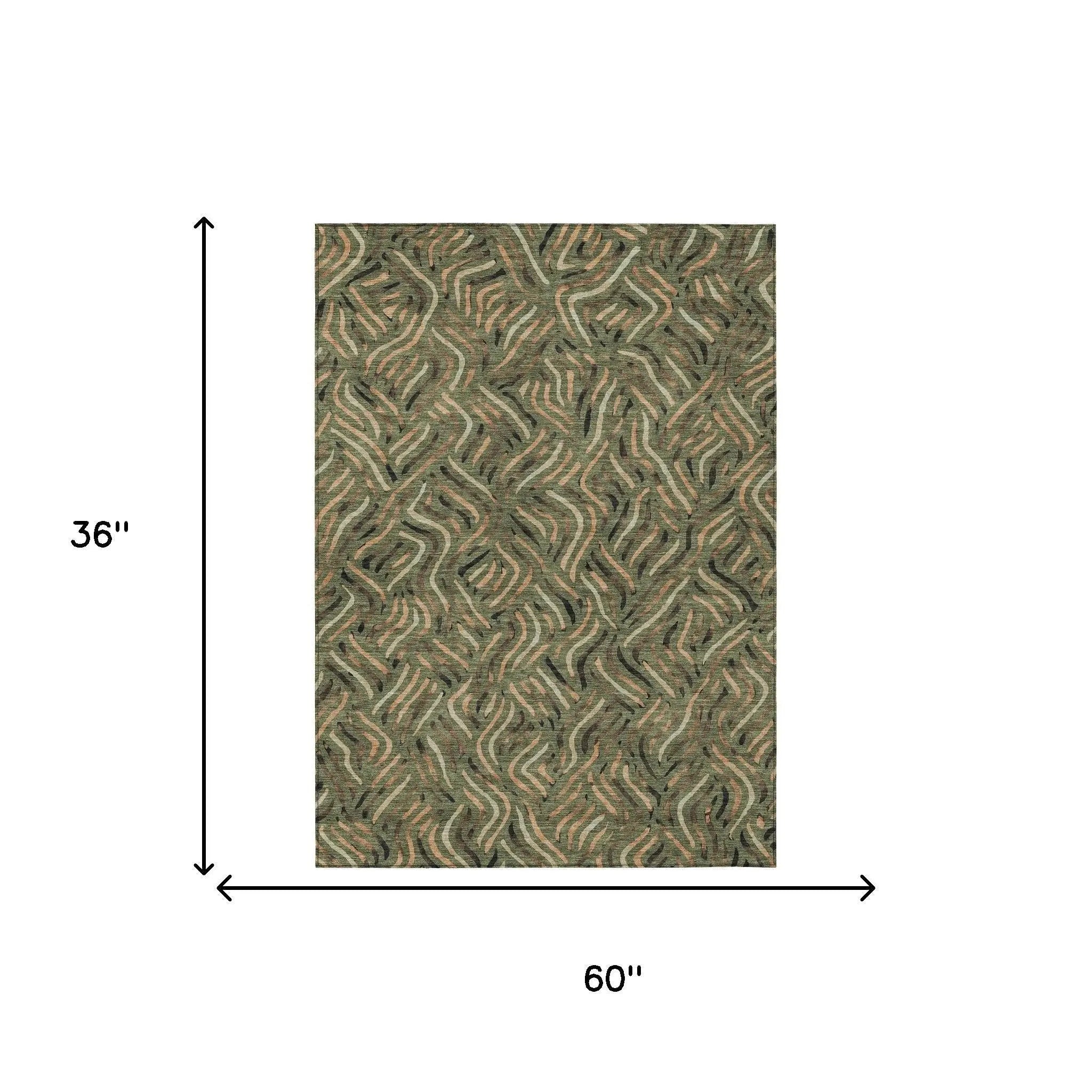 3' X 5' Olive Green And Copper Abstract Washable Indoor Outdoor Area Rug Homeroots Outdoor