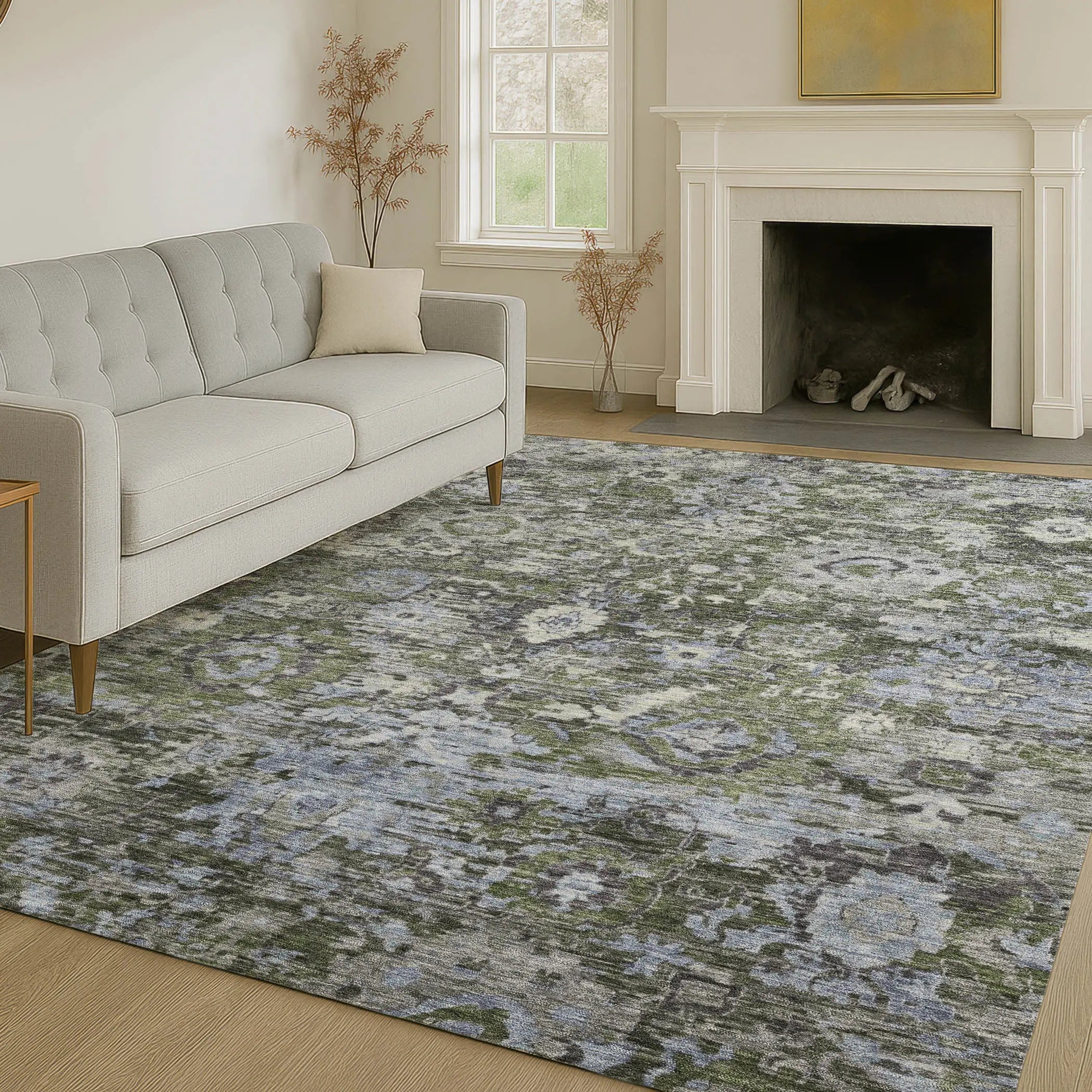 3' X 5' Olive Green And Denim Blue Floral Washable Indoor Outdoor Area Rug Homeroots Outdoor