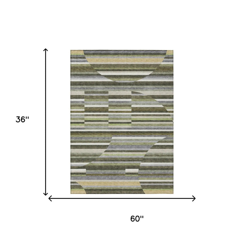 3' X 5' Olive Green And Fern Green Striped Washable Indoor Outdoor Area Rug Homeroots Outdoor