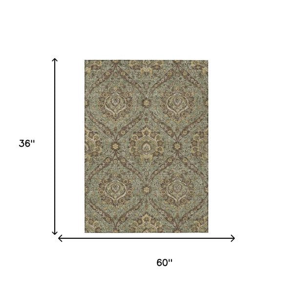 3' X 5' Olive Green And Granite Gray Floral Washable Indoor Outdoor Area Rug Homeroots Outdoor