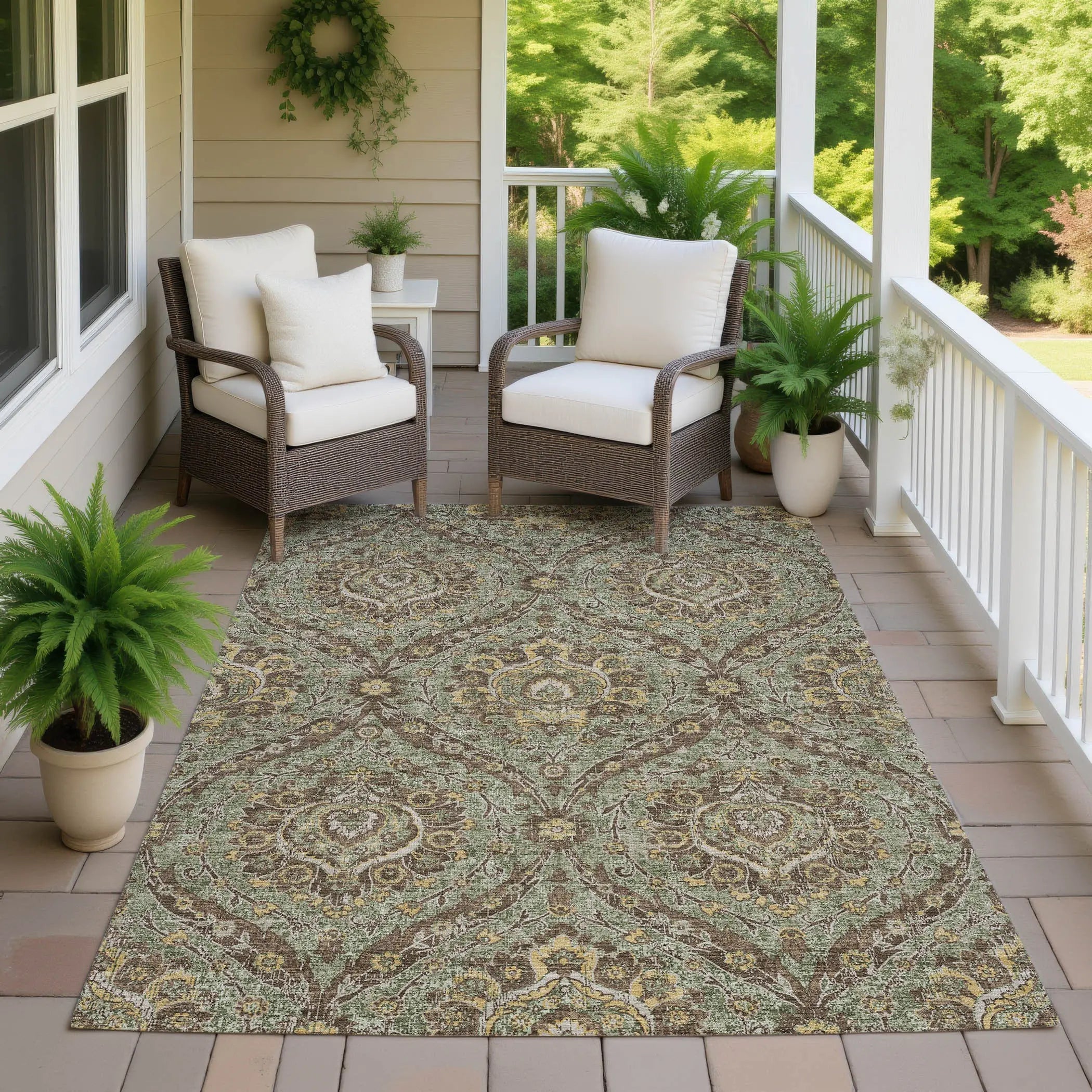 3' X 5' Olive Green And Granite Gray Floral Washable Indoor Outdoor Area Rug Homeroots Outdoor