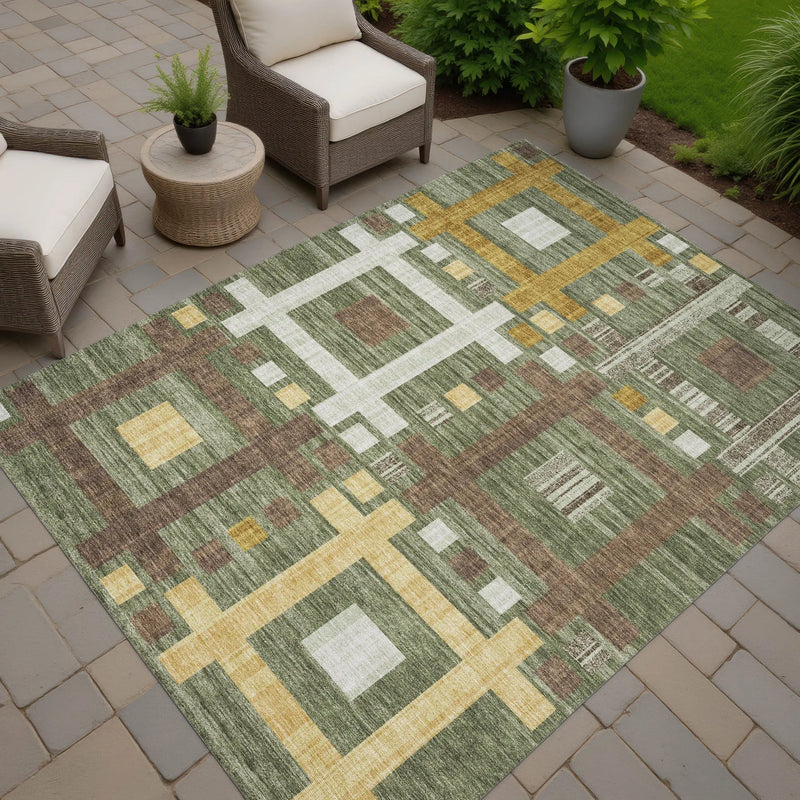 3' X 5' Olive Green And Gray Geometric Washable Indoor Outdoor Area Rug Homeroots Outdoor