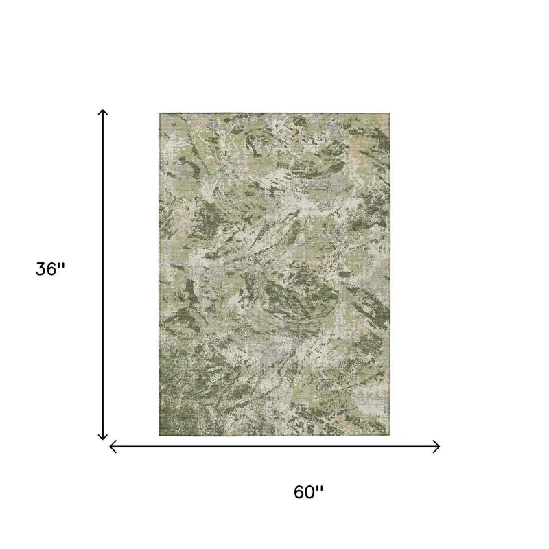 3' X 5' Olive Green And Green Abstract Washable Indoor Outdoor Area Rug Homeroots Outdoor