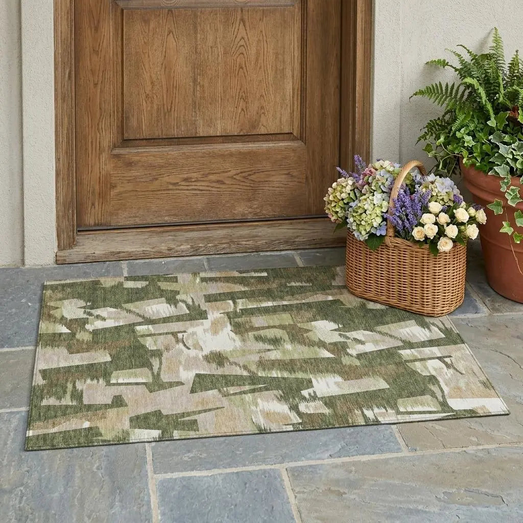3' X 5' Olive Green And Green Abstract Washable Indoor Outdoor Area Rug Homeroots Outdoor