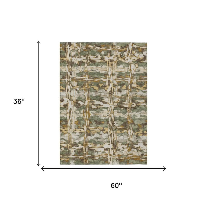 3' X 5' Olive Green And Green Abstract Washable Indoor Outdoor Area Rug Homeroots Outdoor