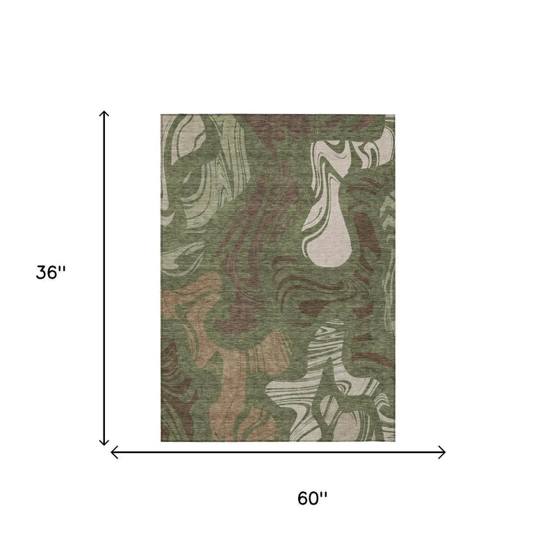 3' X 5' Olive Green And Green Abstract Washable Indoor Outdoor Area Rug Homeroots Outdoor