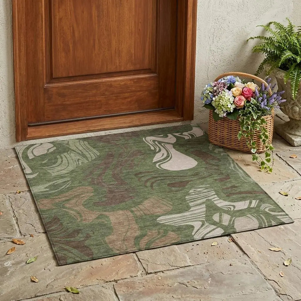 3' X 5' Olive Green And Green Abstract Washable Indoor Outdoor Area Rug Homeroots Outdoor