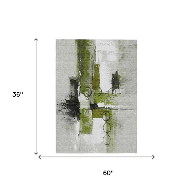 3' X 5' Olive Green And Green Abstract Washable Indoor Outdoor Area Rug Homeroots Outdoor
