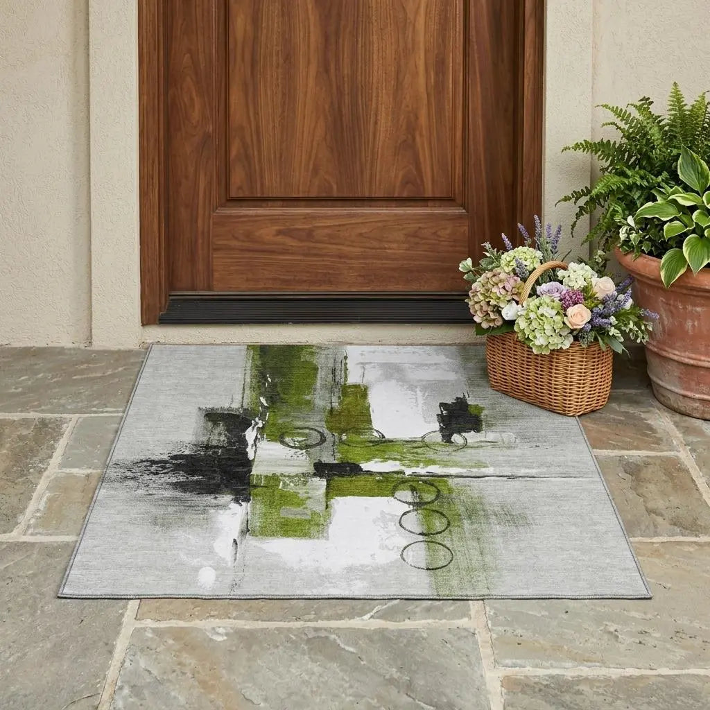 3' X 5' Olive Green And Green Abstract Washable Indoor Outdoor Area Rug Homeroots Outdoor