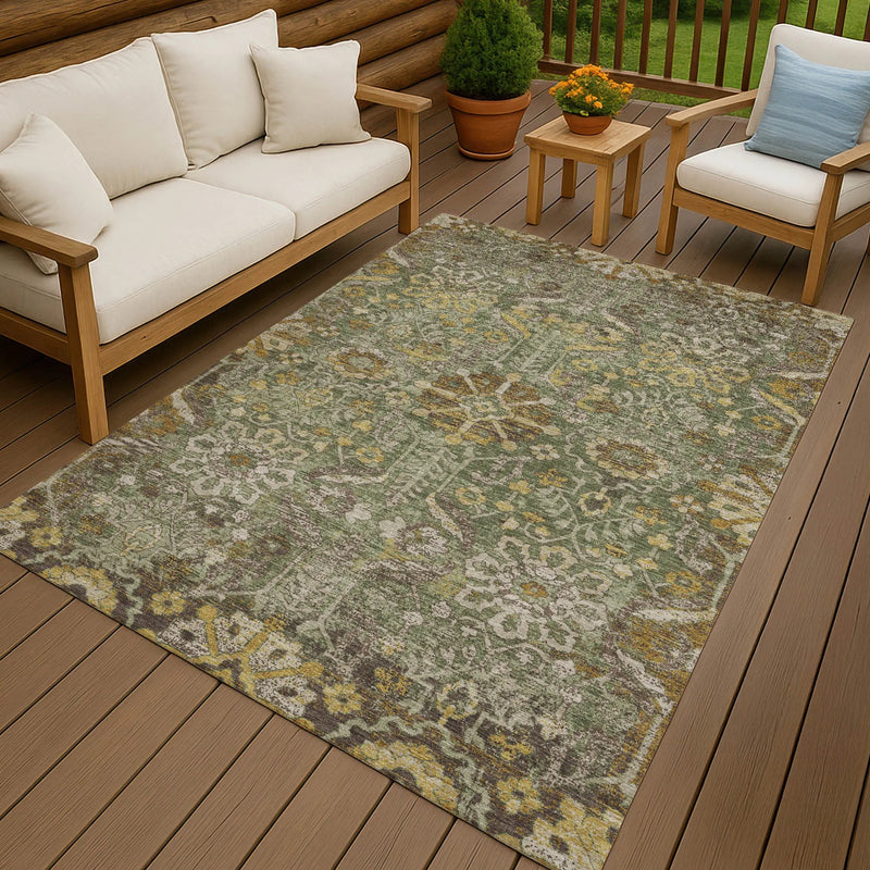 3' X 5' Olive Green And Green Damask Washable Indoor Outdoor Area Rug Homeroots Outdoor