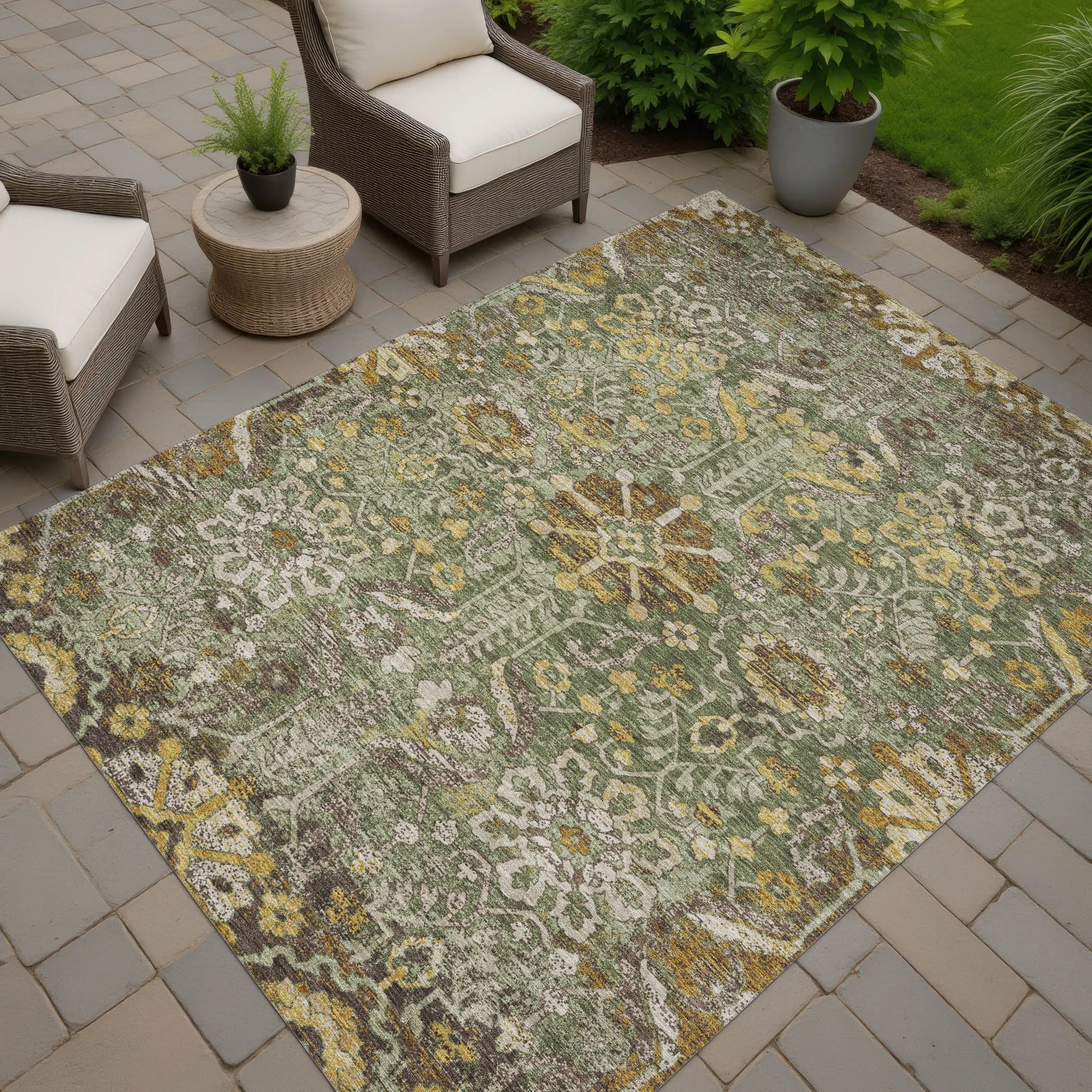 3' X 5' Olive Green And Green Damask Washable Indoor Outdoor Area Rug Homeroots Outdoor