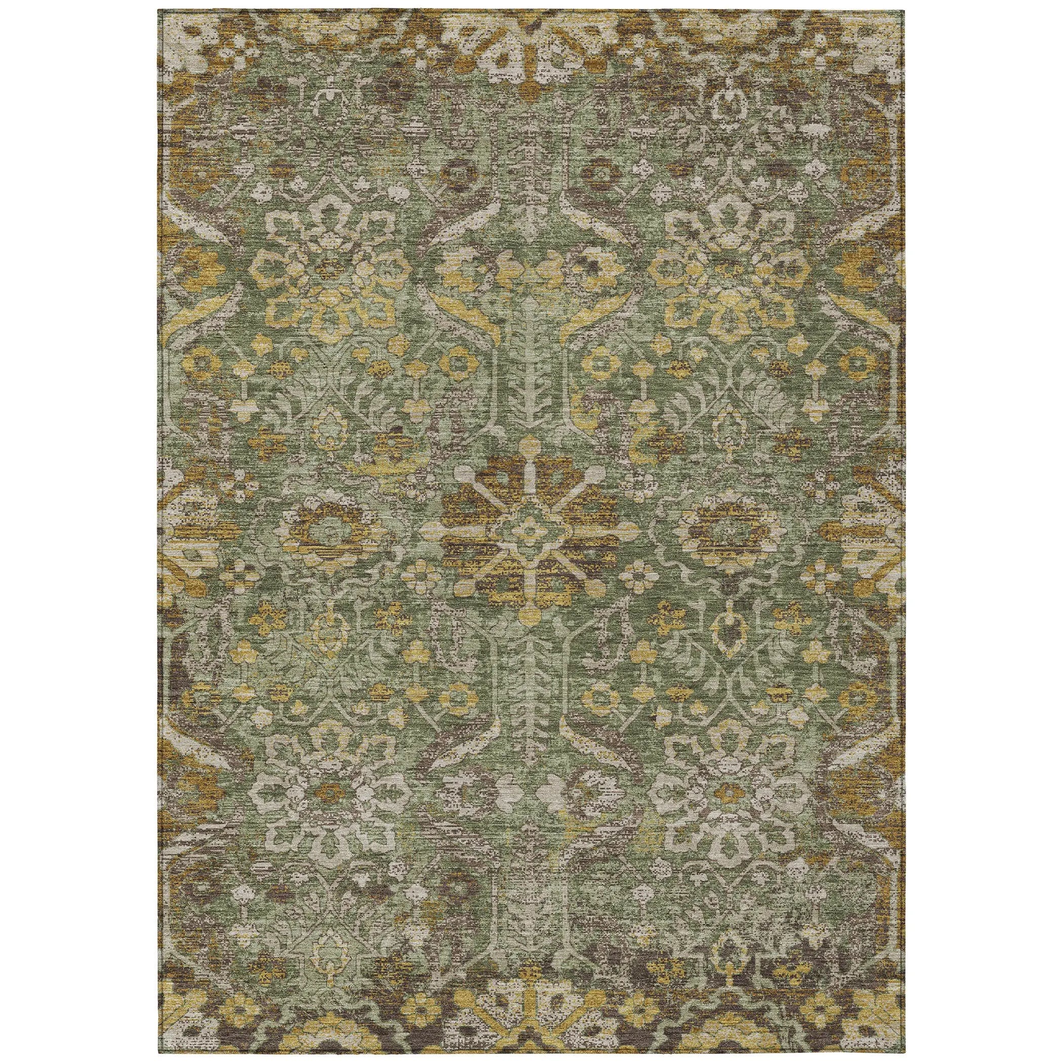 3' X 5' Olive Green And Green Damask Washable Indoor Outdoor Area Rug Homeroots Outdoor