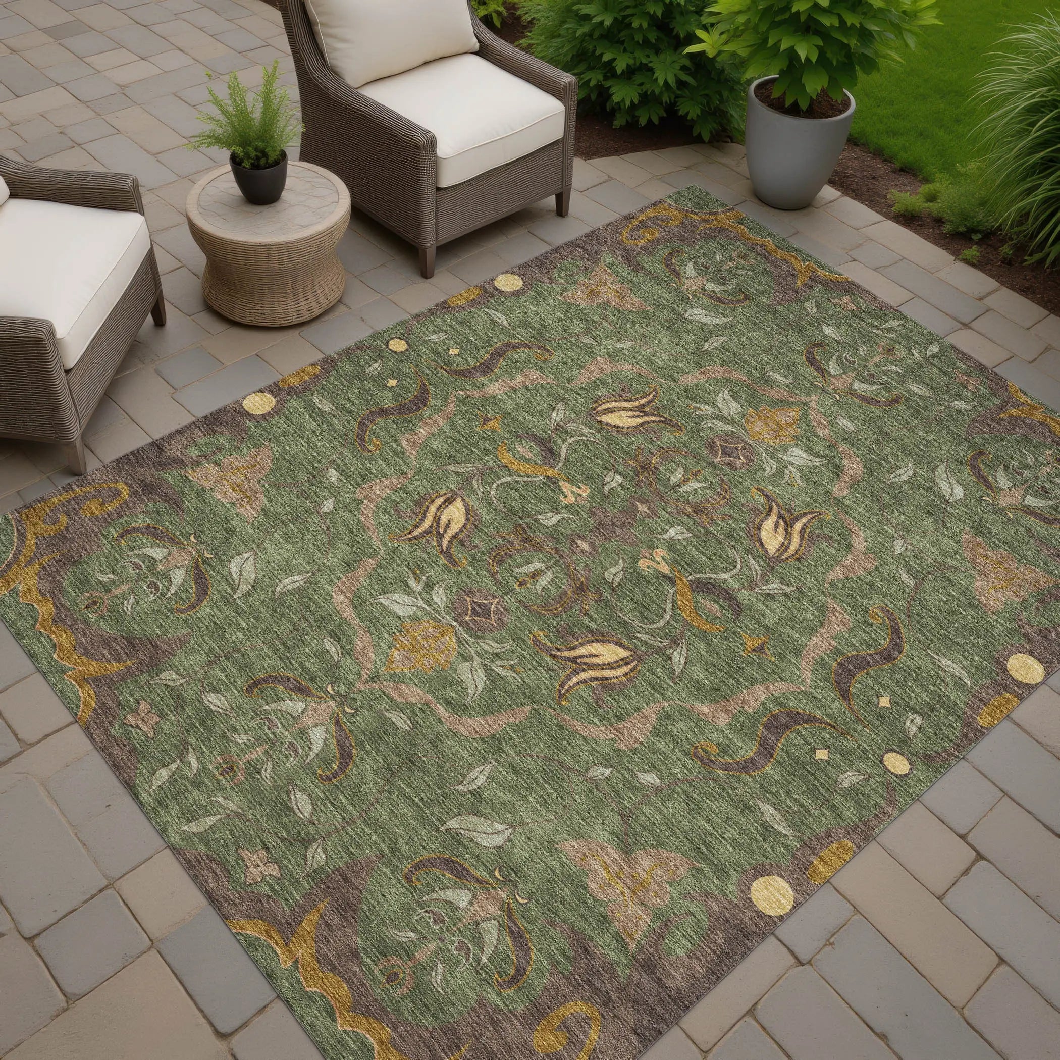 3' X 5' Olive Green And Green Damask Washable Indoor Outdoor Area Rug Homeroots Outdoor