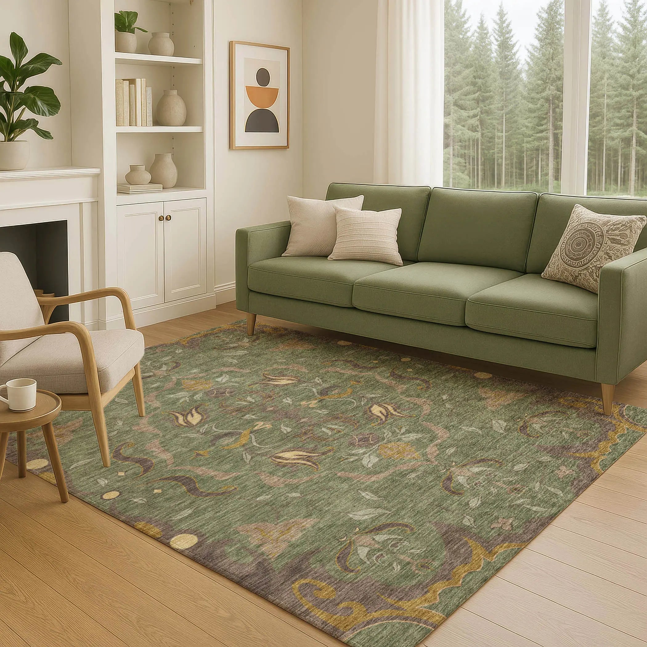 3' X 5' Olive Green And Green Damask Washable Indoor Outdoor Area Rug Homeroots Outdoor