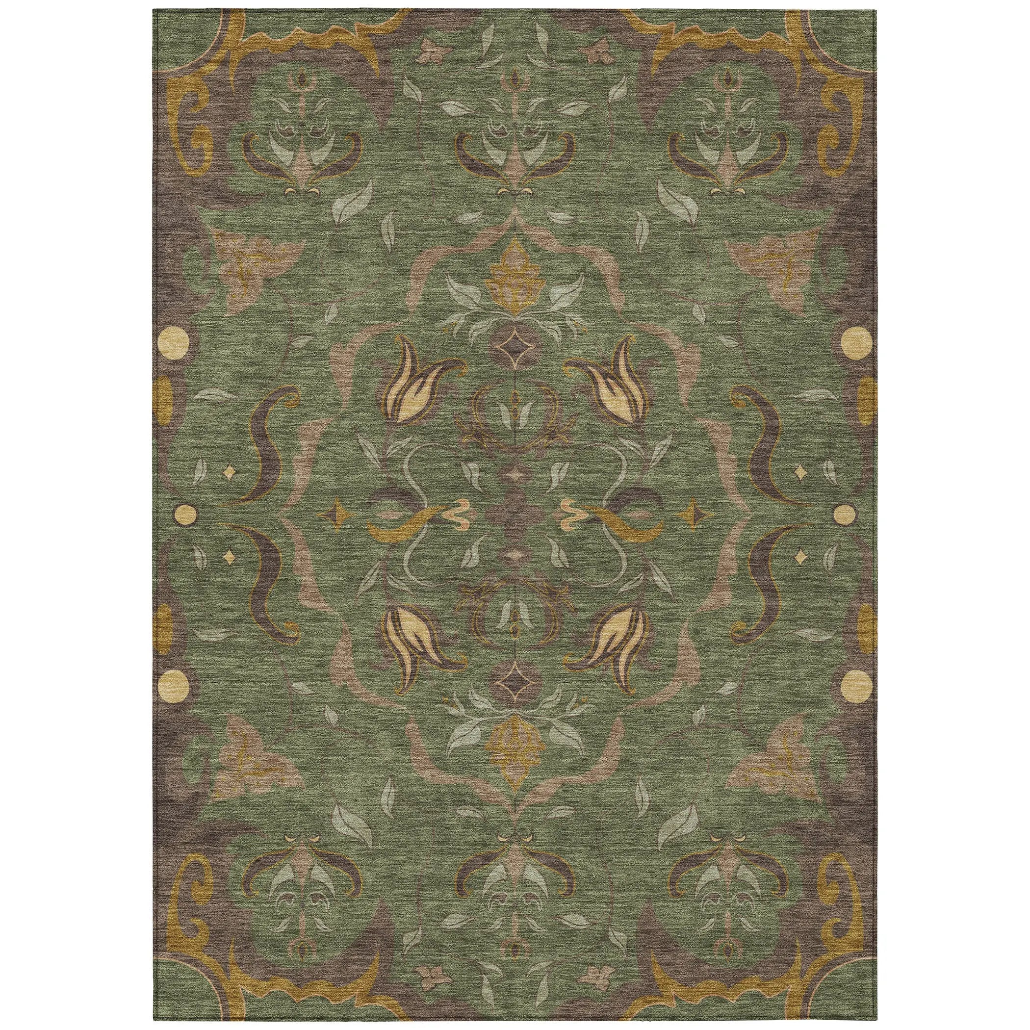 3' X 5' Olive Green And Green Damask Washable Indoor Outdoor Area Rug Homeroots Outdoor