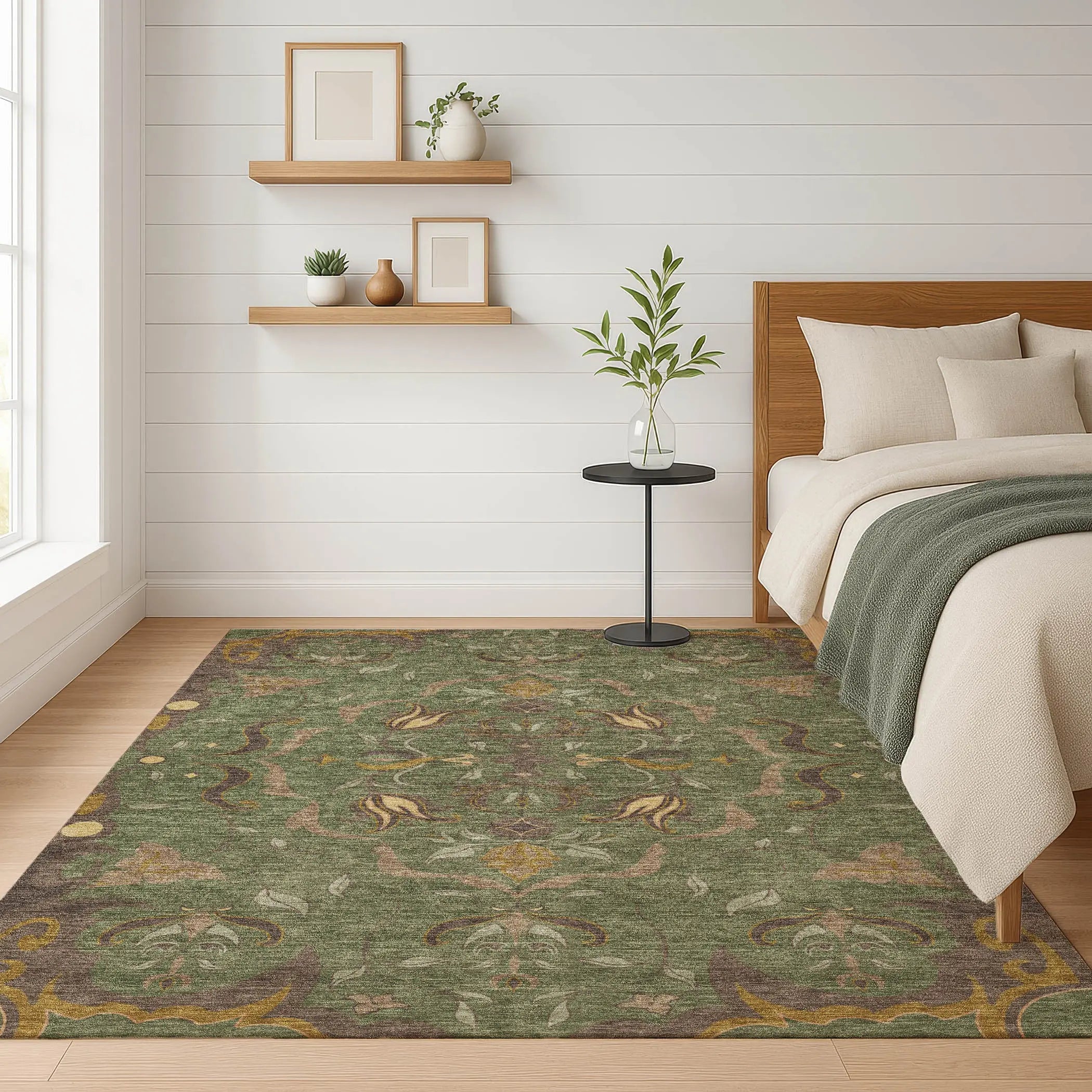 3' X 5' Olive Green And Green Damask Washable Indoor Outdoor Area Rug Homeroots Outdoor