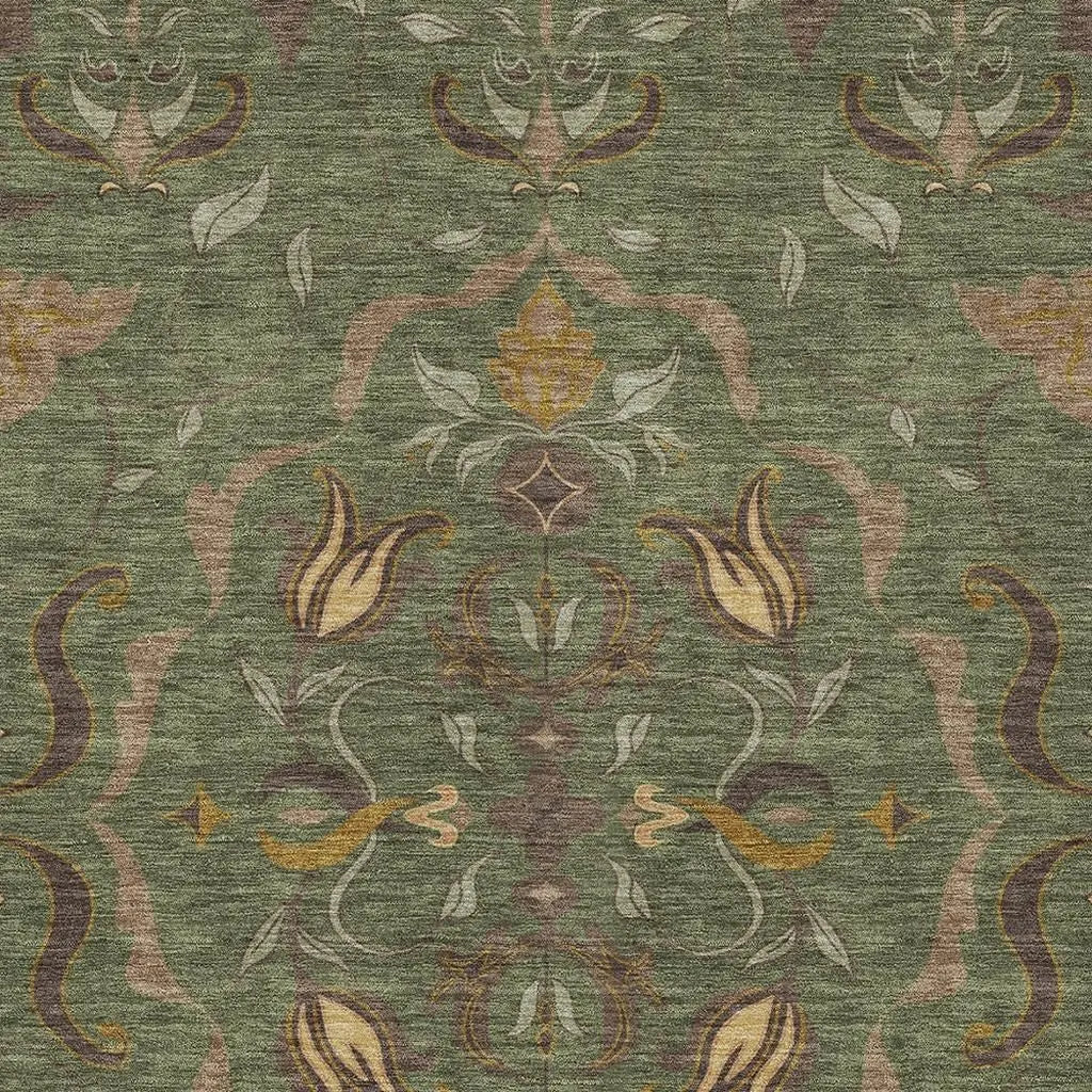 3' X 5' Olive Green And Green Damask Washable Indoor Outdoor Area Rug Homeroots Outdoor