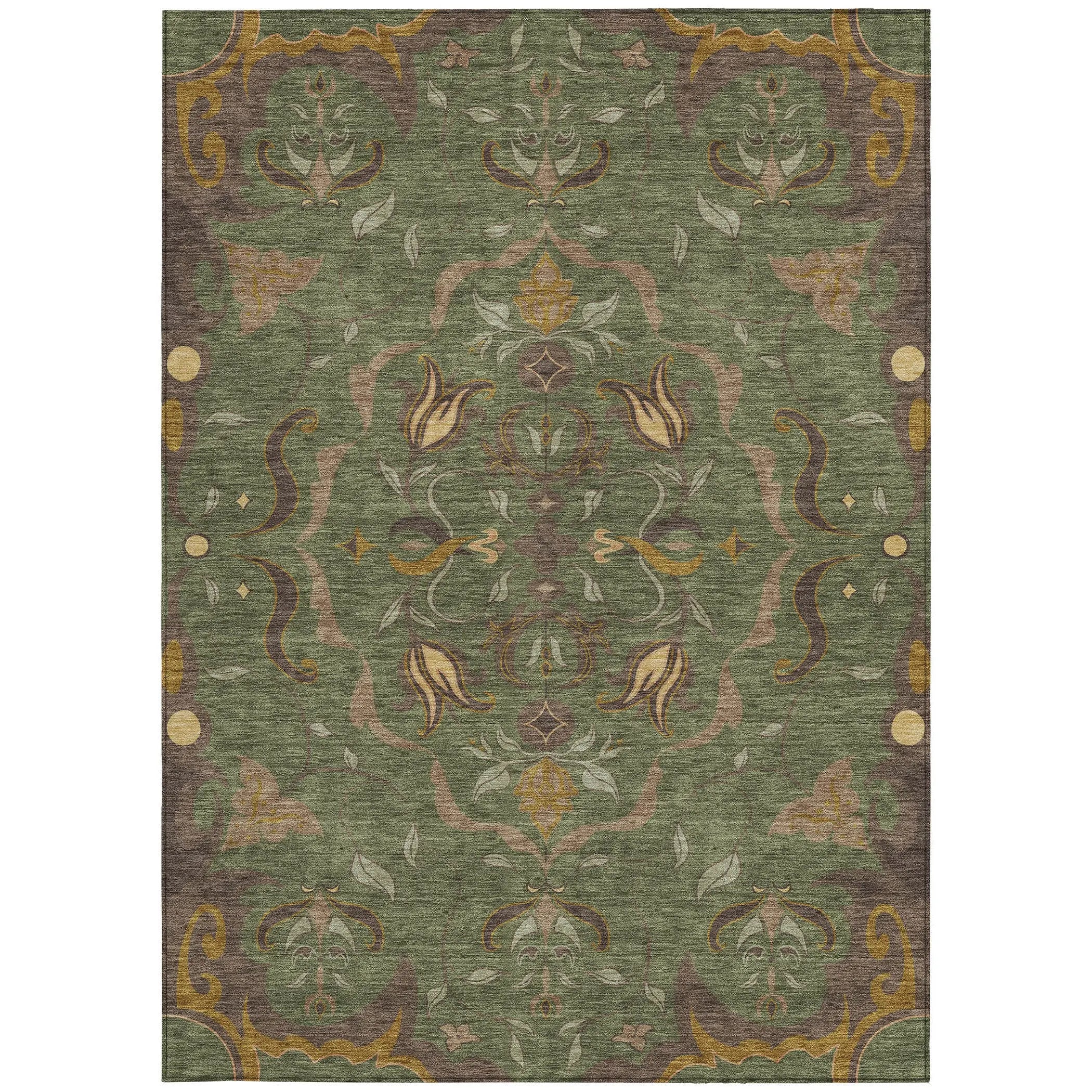 3' X 5' Olive Green And Green Damask Washable Indoor Outdoor Area Rug Homeroots Outdoor