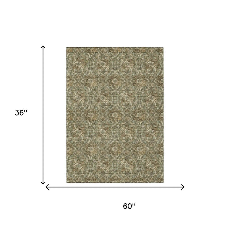 3' X 5' Olive Green And Green Damask Washable Indoor Outdoor Area Rug Homeroots Outdoor