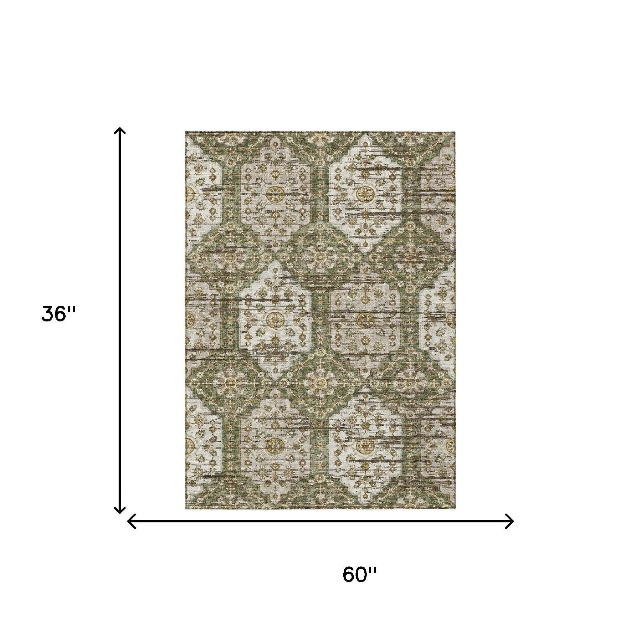 3' X 5' Olive Green And Green Damask Washable Indoor Outdoor Area Rug Homeroots Outdoor